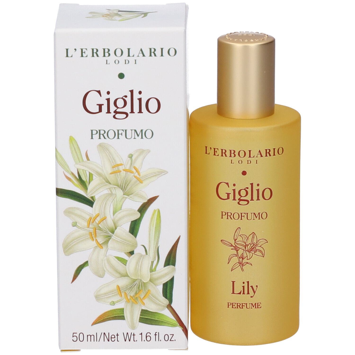 L'Erbolario Giglio Profumo, 50ml. Flacone giallo per profumo con scatola bianca raffigurante gigli.