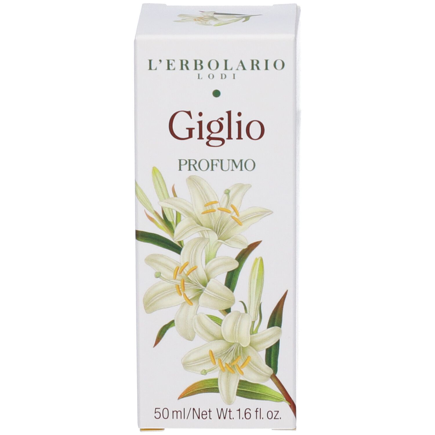 Confezione L'Erbolario Giglio Profumo Profumo con illustrazione di gigli e indicazione 50ml/1.6 fl. oz.