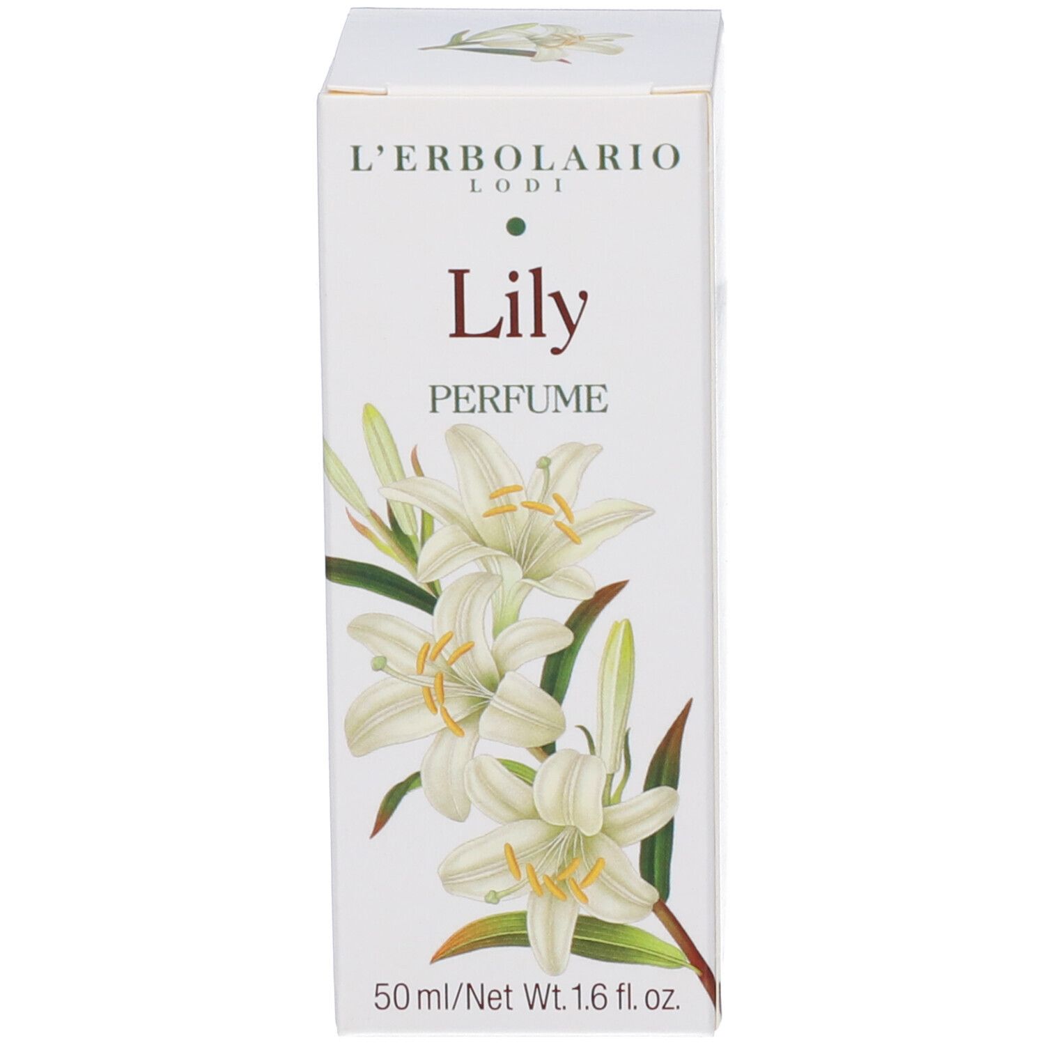 Confezione L'Erbolario Lily Perfume Profumo con illustrazione di gigli e indicazione 50ml/1.6 fl. oz.