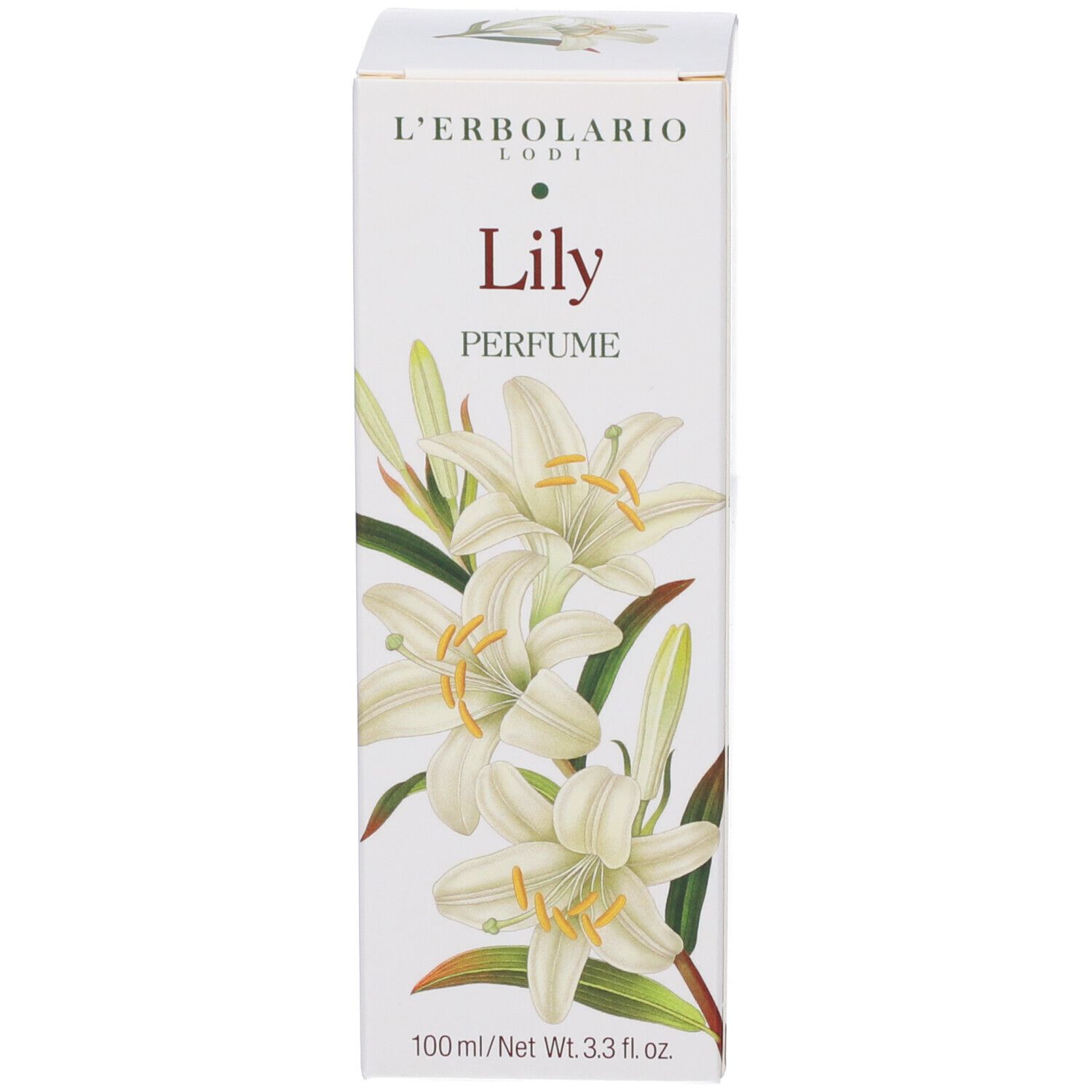 Una confezione bianca con decorazioni di gigli e la scritta 'Lily PERFUME'.