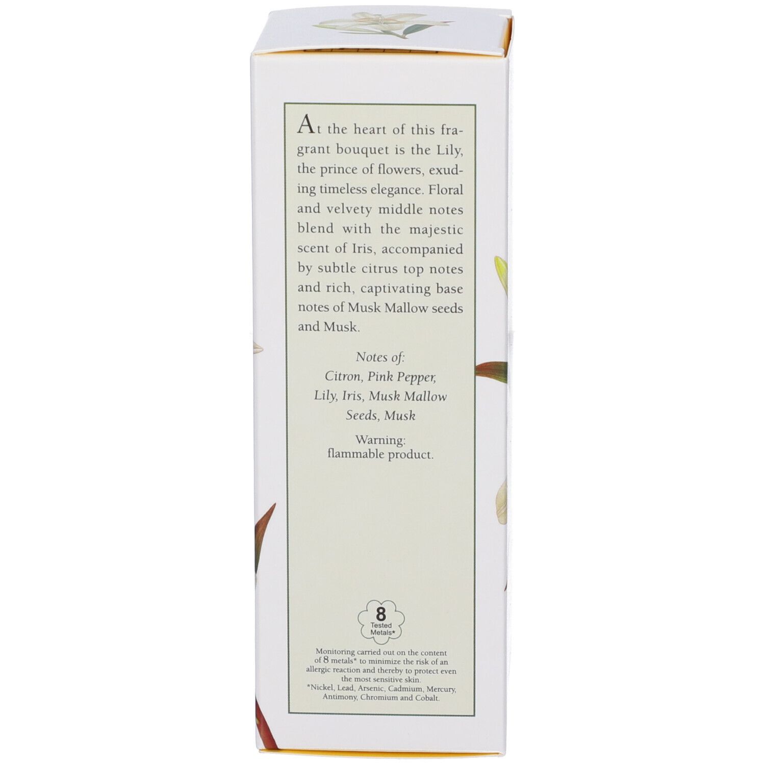 Confezione bianca con design floreale e informazioni testuali su note olfattive e ingredienti. Contiene avvertenza.