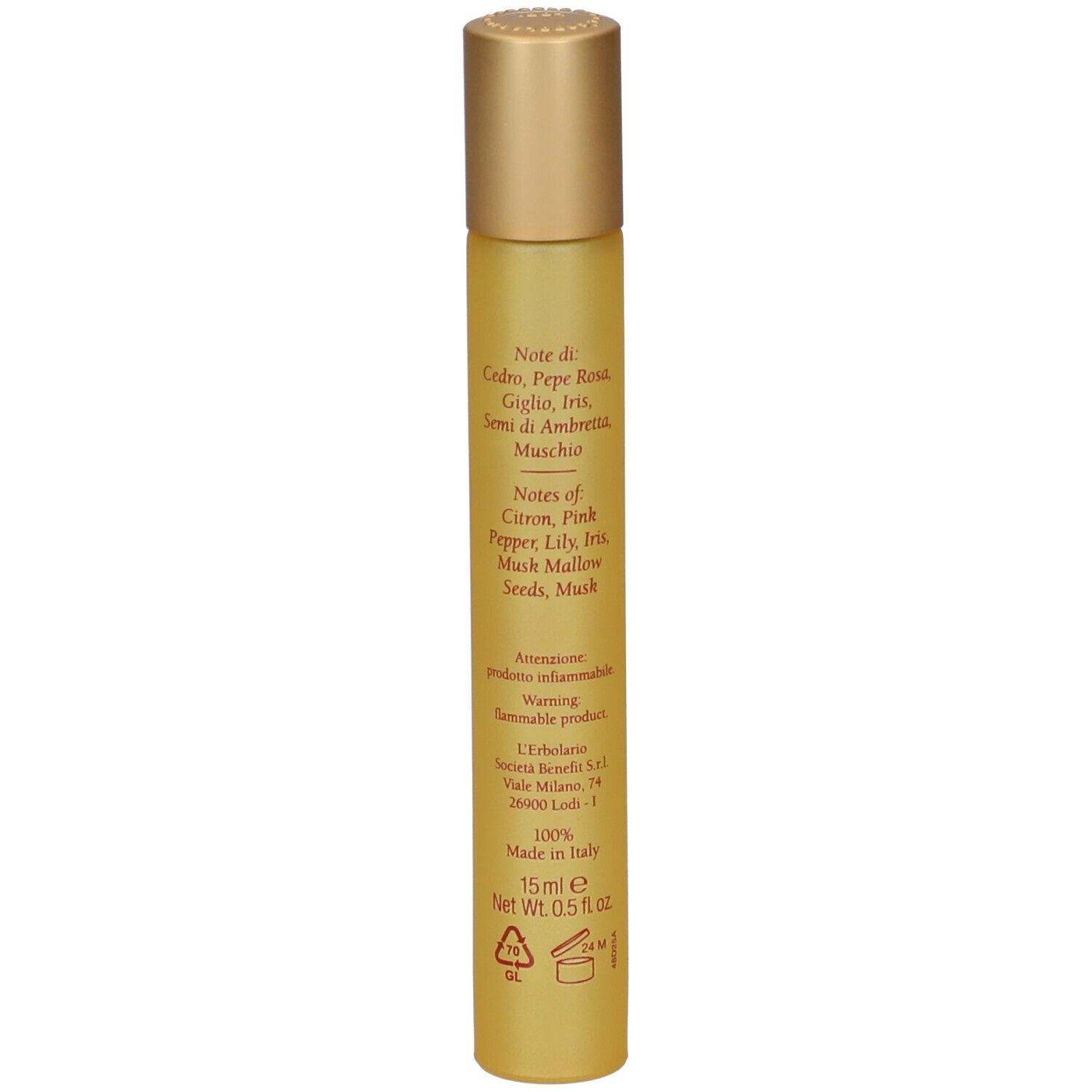 Flacone color oro con tappo dorato. Contiene 15 ml. Prodotto in Italia.