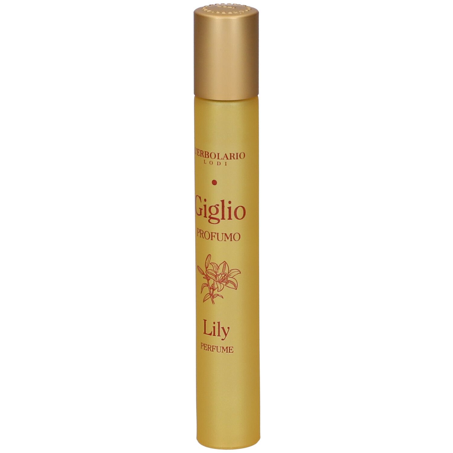 Flacone dorato con motivo di giglio e scritta "Giglio Profumo Lily Perfume".