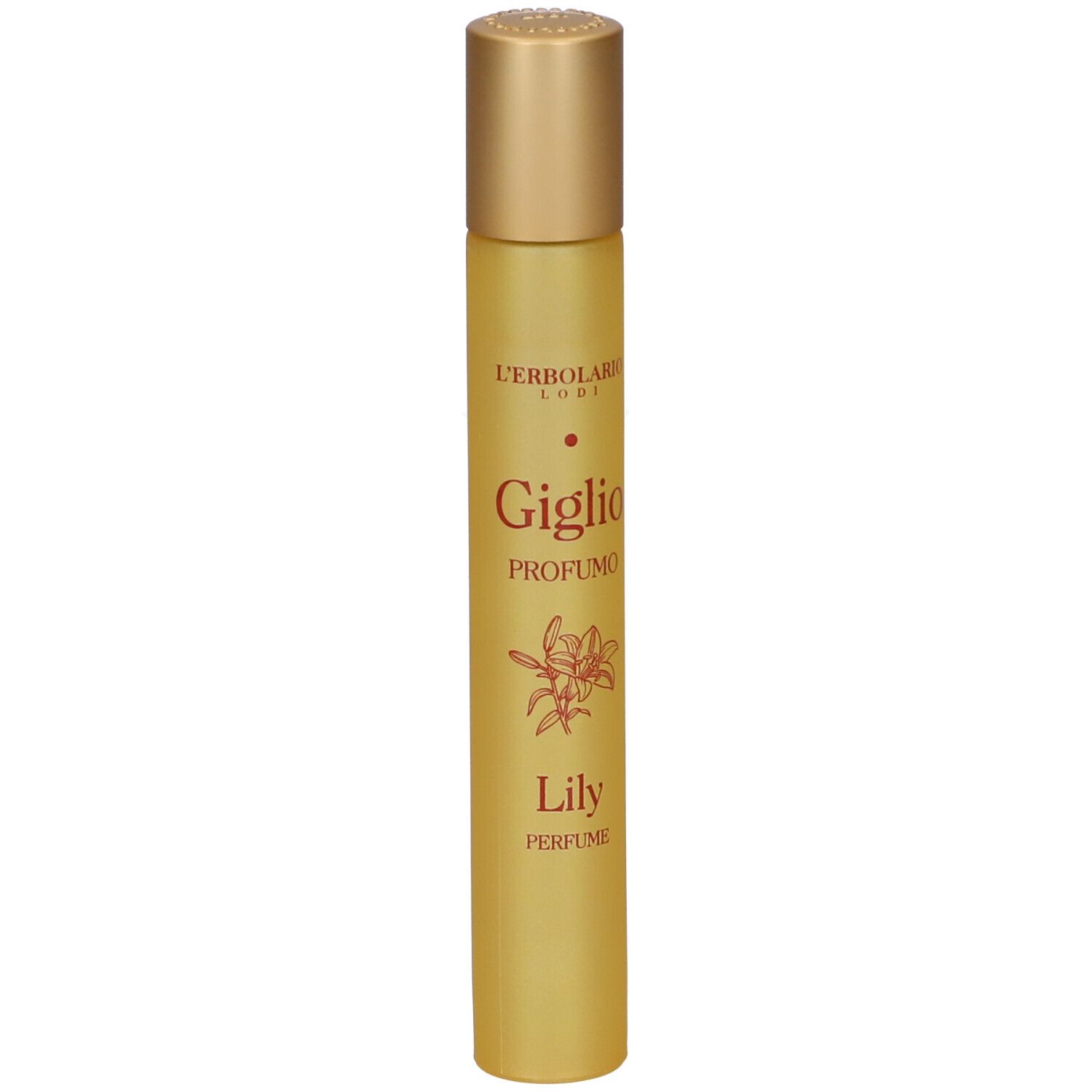 Vaporizzatore profumo color oro con motivo a giglio e scritta "Giglio Profumo Lily Perfume".