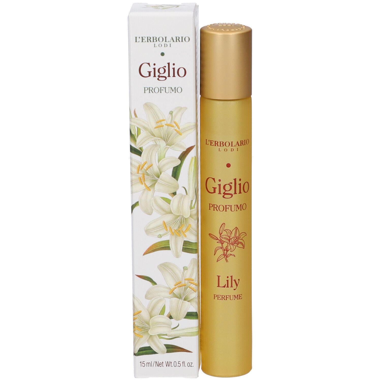 Flacone di profumo dorato con scatola bianca decorata con gigli. Contiene 15 ml.