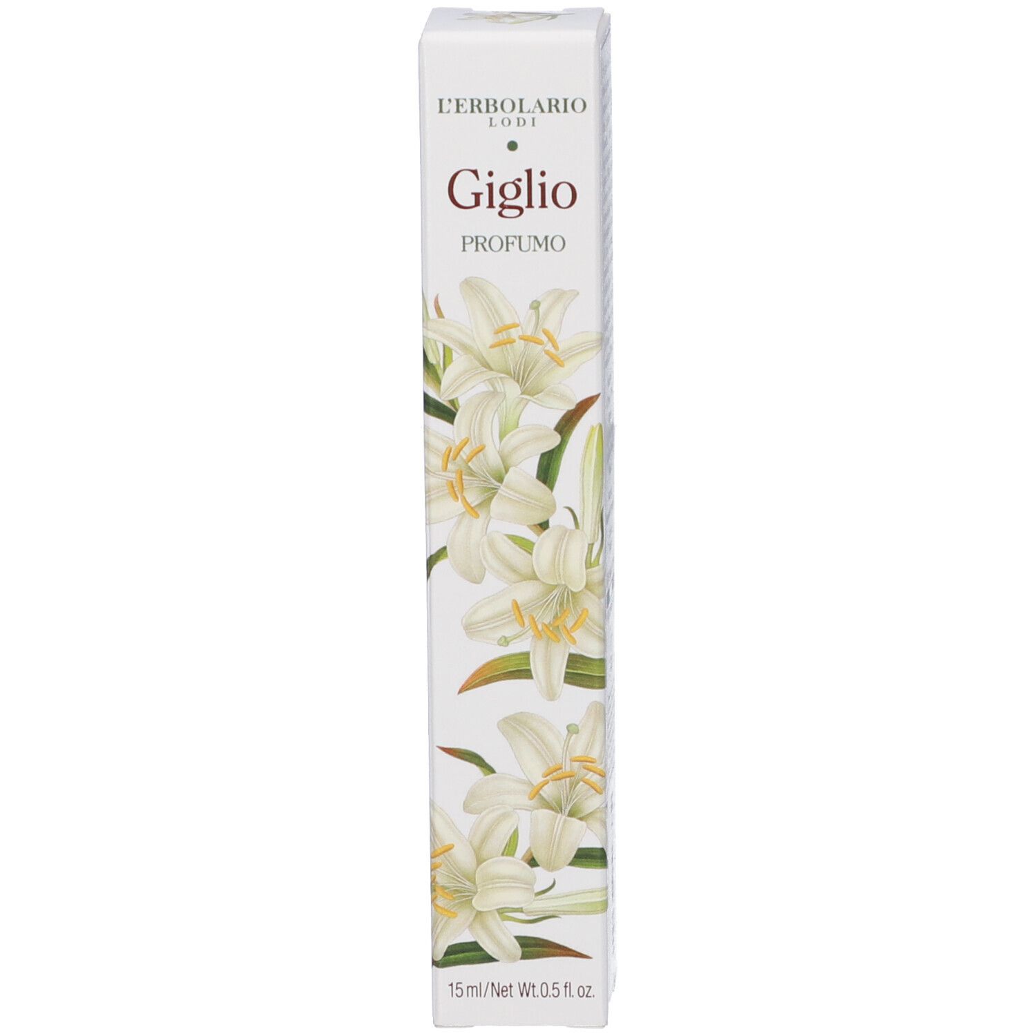 Piccola scatola bianca decorata con gigli, con la scritta "Giglio Profumo". Contiene 15ml.