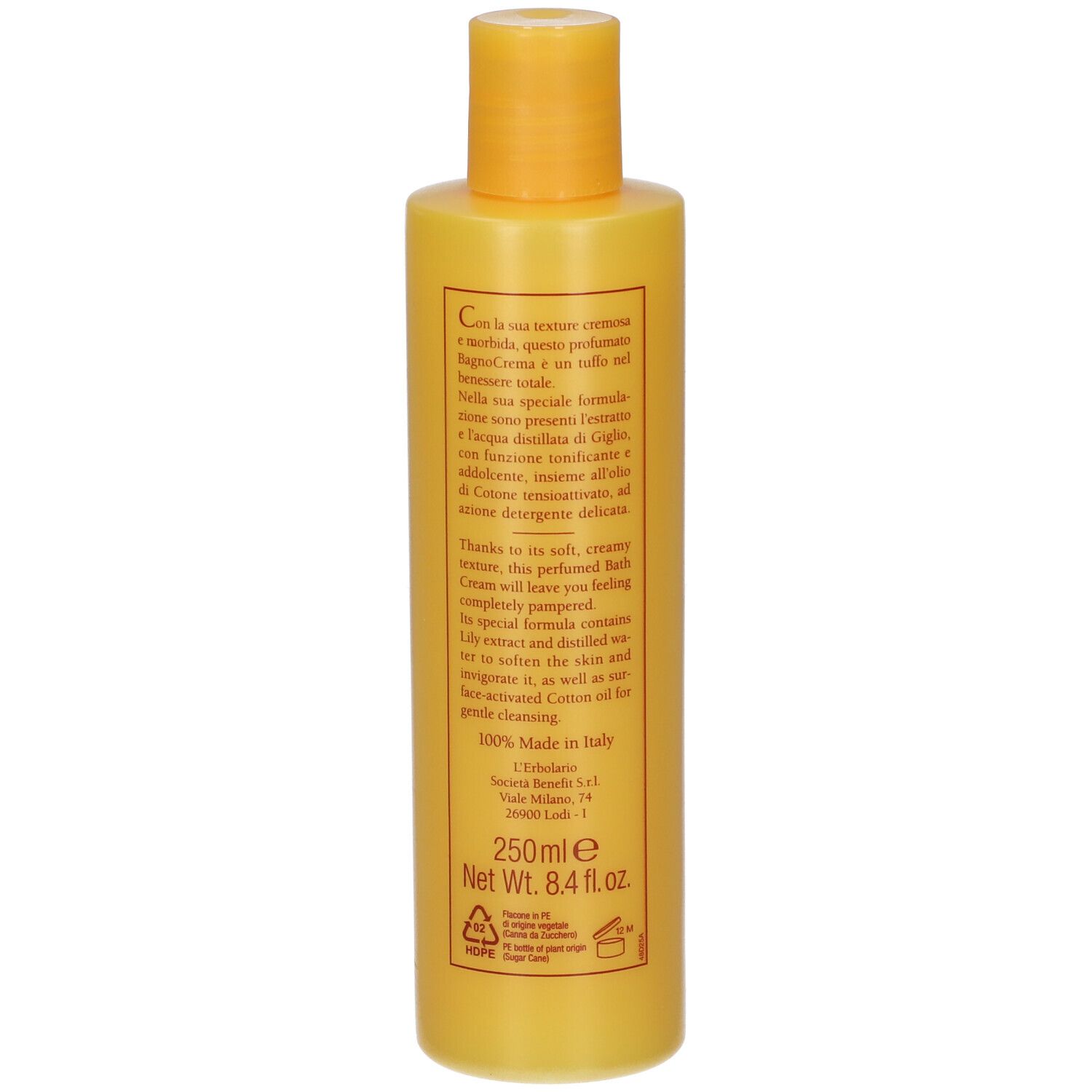 Flacone in plastica giallo con tappo a vite giallo. Etichetta con informazioni sul prodotto e indicazione di 250ml.