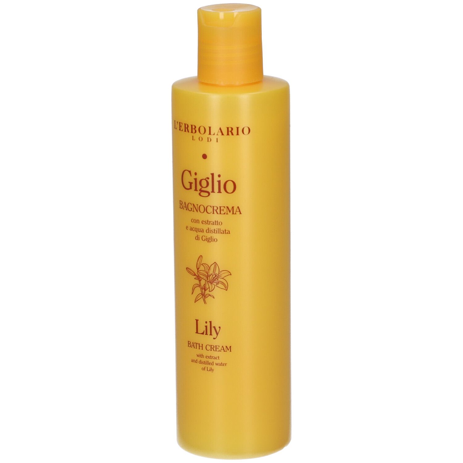 Flacone giallo con tappo giallo, motivo giglio, 250ml.