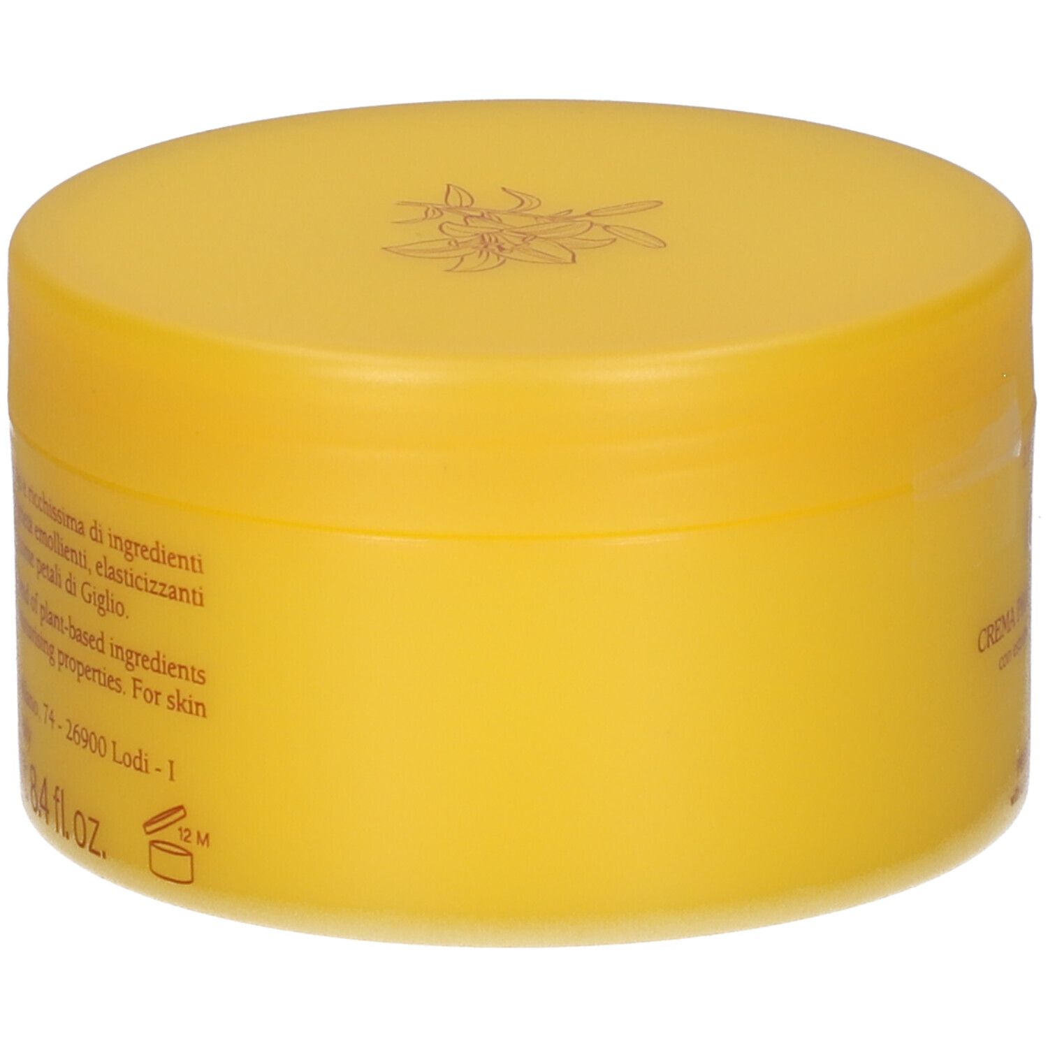 Vasetto giallo di crema con motivo floreale sul coperchio. Contiene ingredienti di origine vegetale.