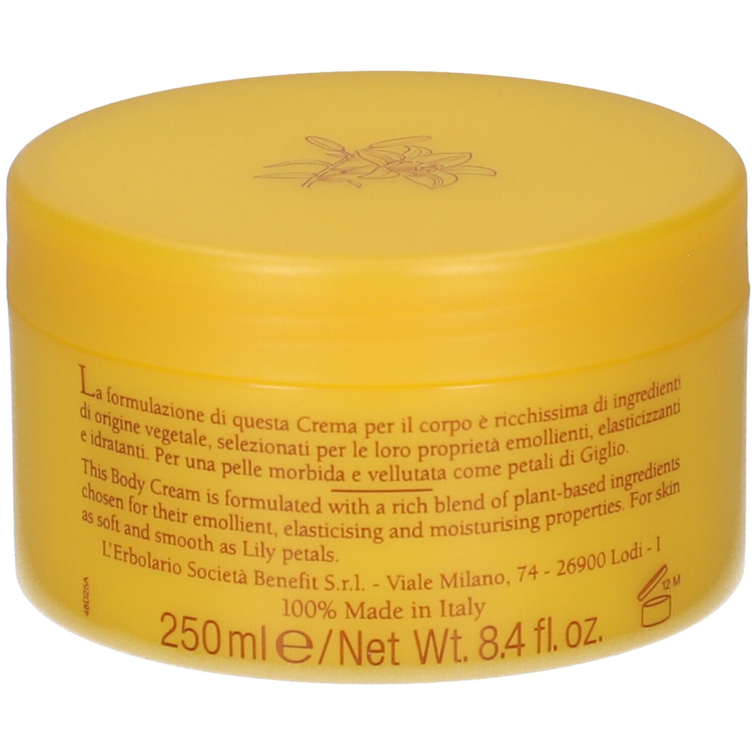 Vasetto giallo di crema corpo, 250 ml. Contiene ingredienti di origine vegetale. Prodotto in Italia.