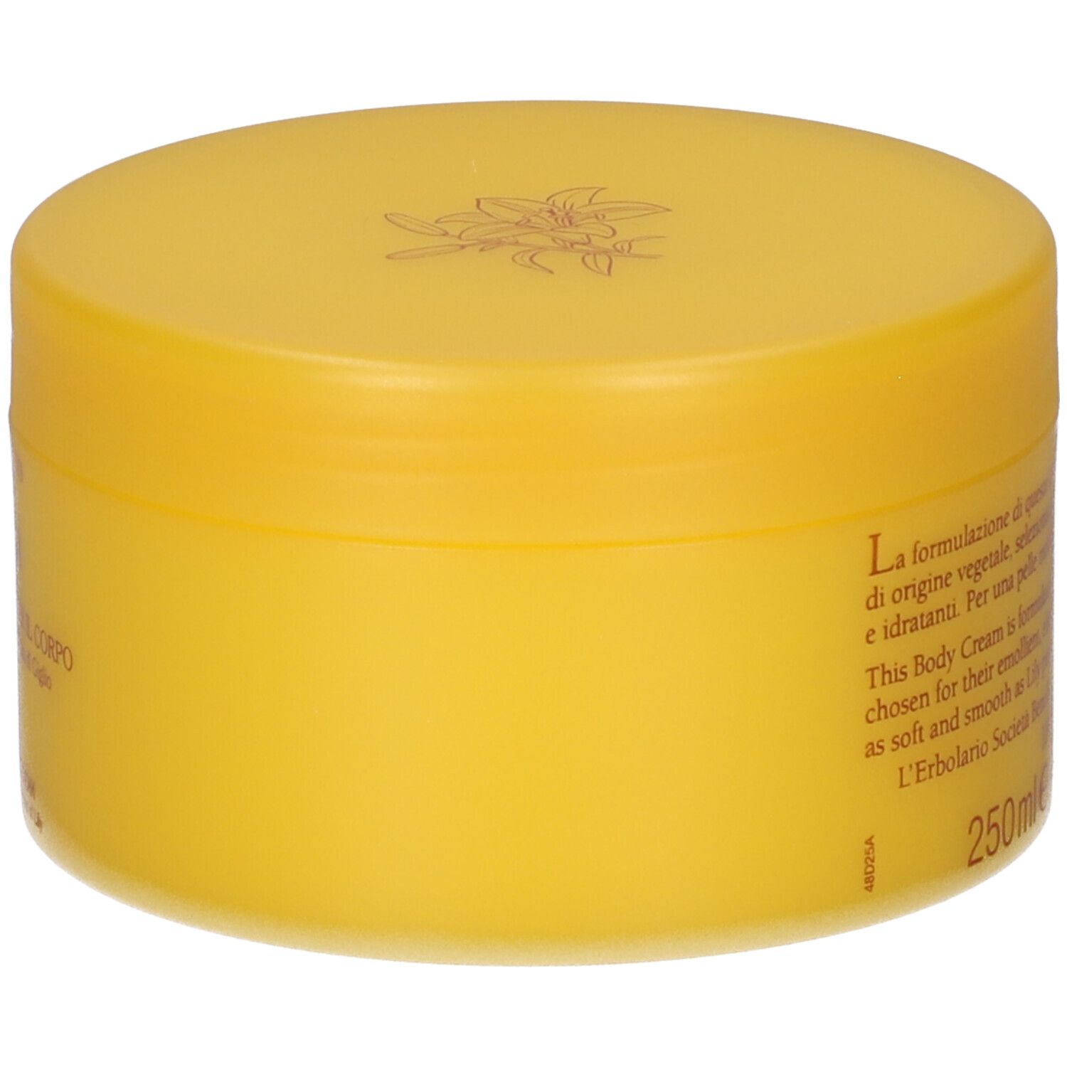Vasetto giallo di crema corpo, 250ml. Con motivo floreale sul coperchio.