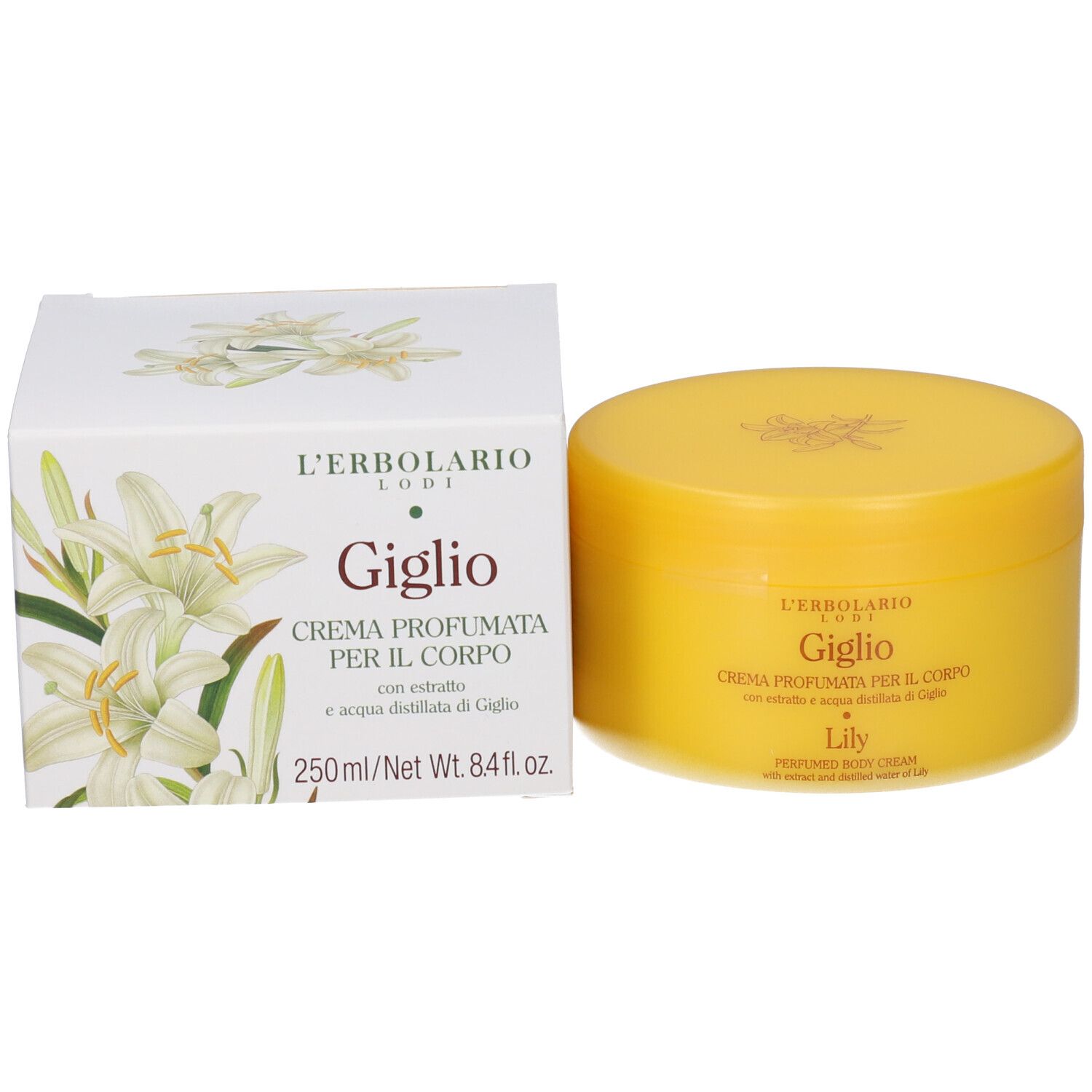 Crema corpo L'Erbolario Giglio in barattolo giallo con scatola. 250 ml.