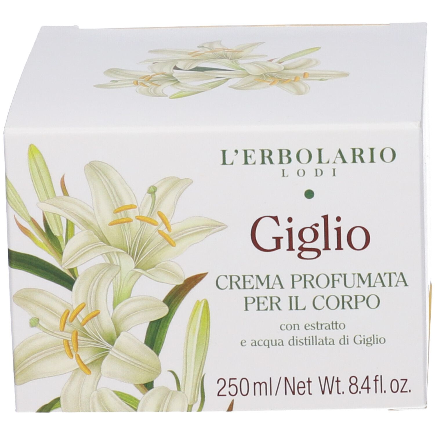 Confezione crema corpo L'Erbolario Giglio, 250ml, con motivo di gigli.