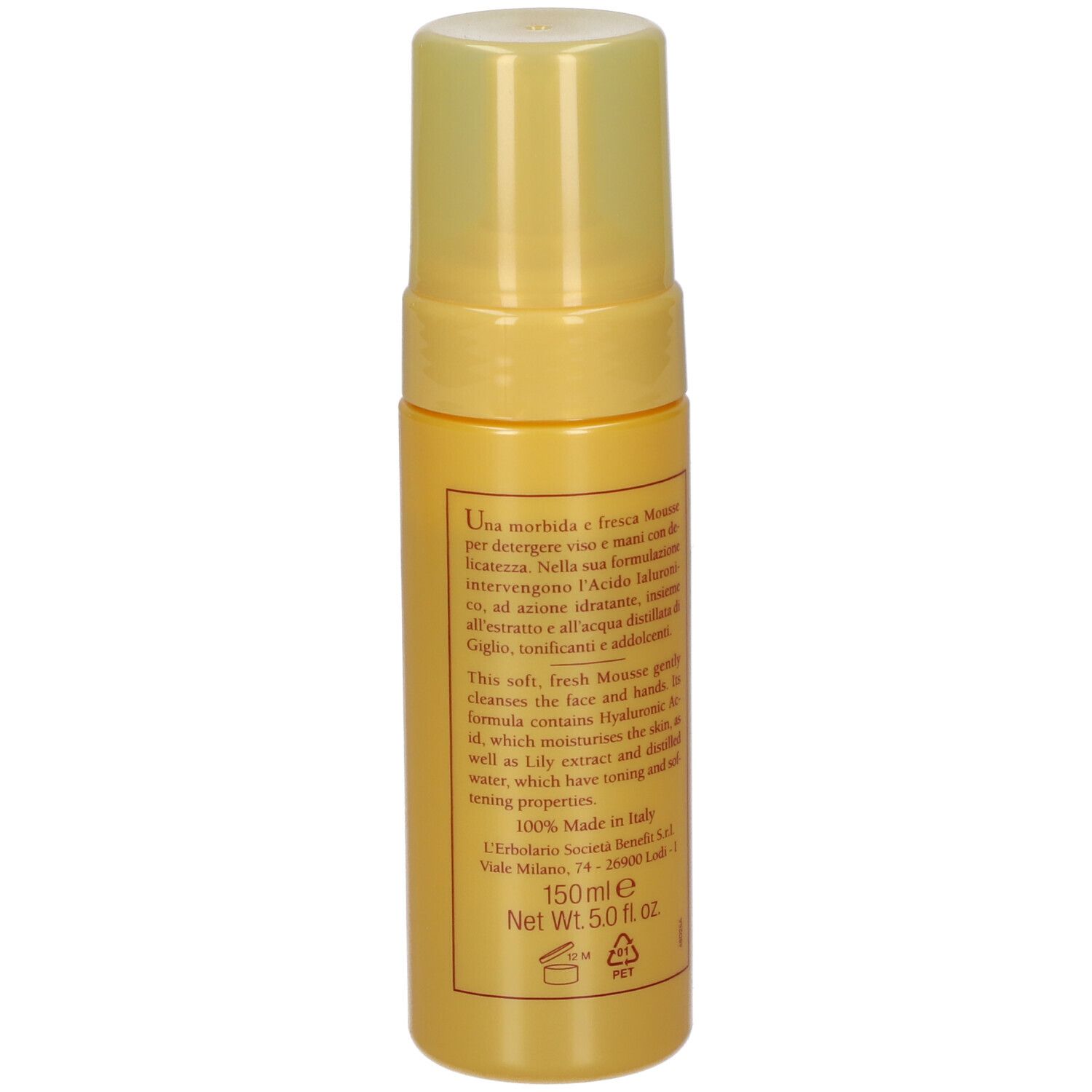 Flacone giallo L'Erbolario Giglio Bagnocrema con tappo giallo e scatola.