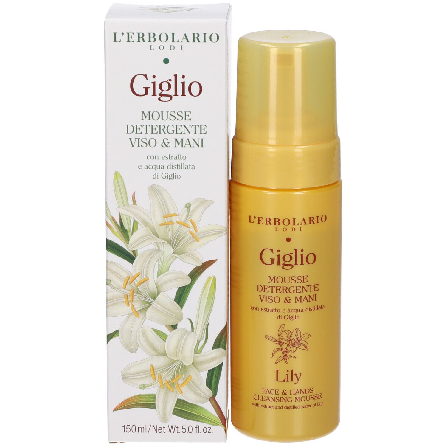 Dispenser a pompa giallo e scatola per L'Erbolario Giglio Mousse detergente viso e mani.