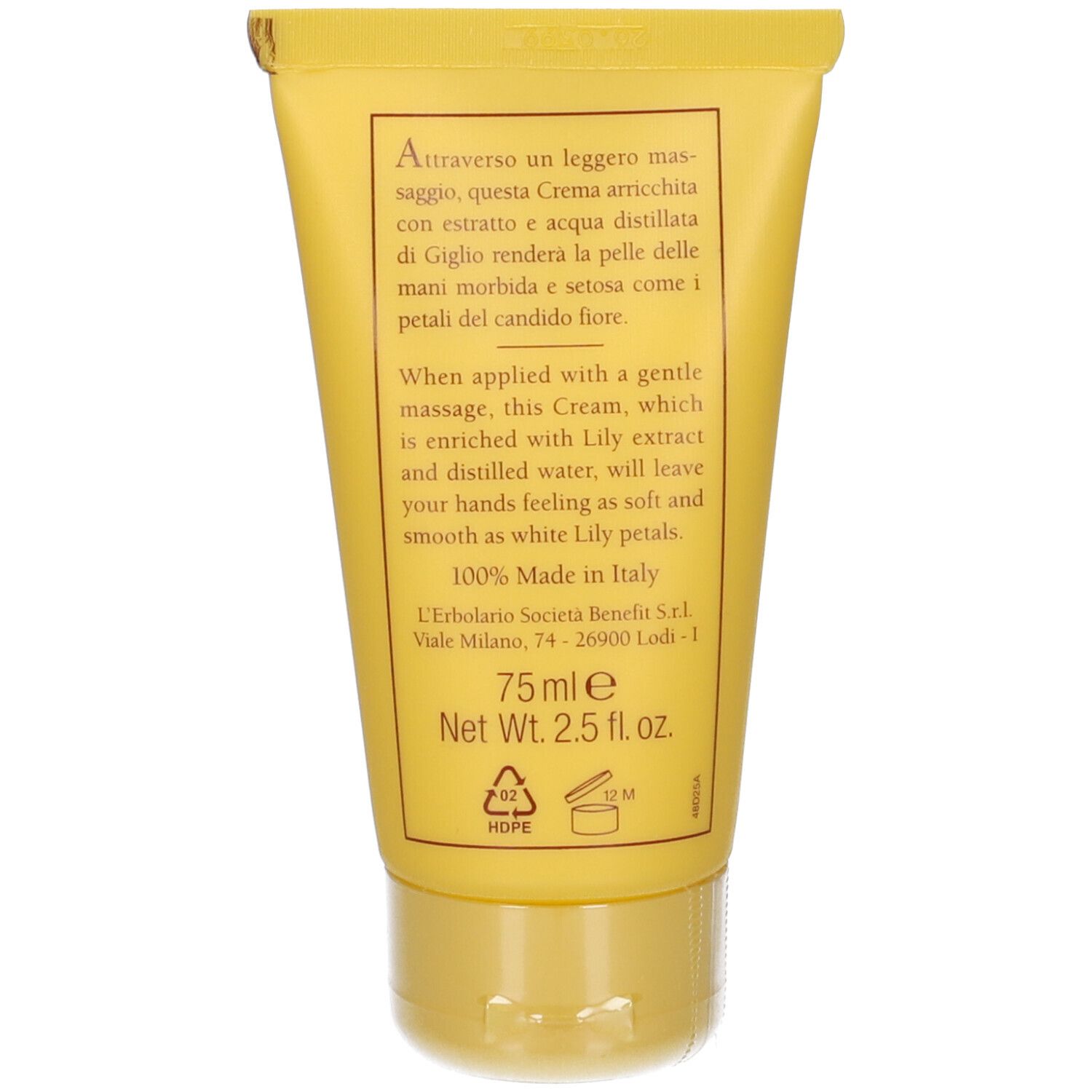 Tubo giallo di crema mani, 75ml, con illustrazione di gigli.