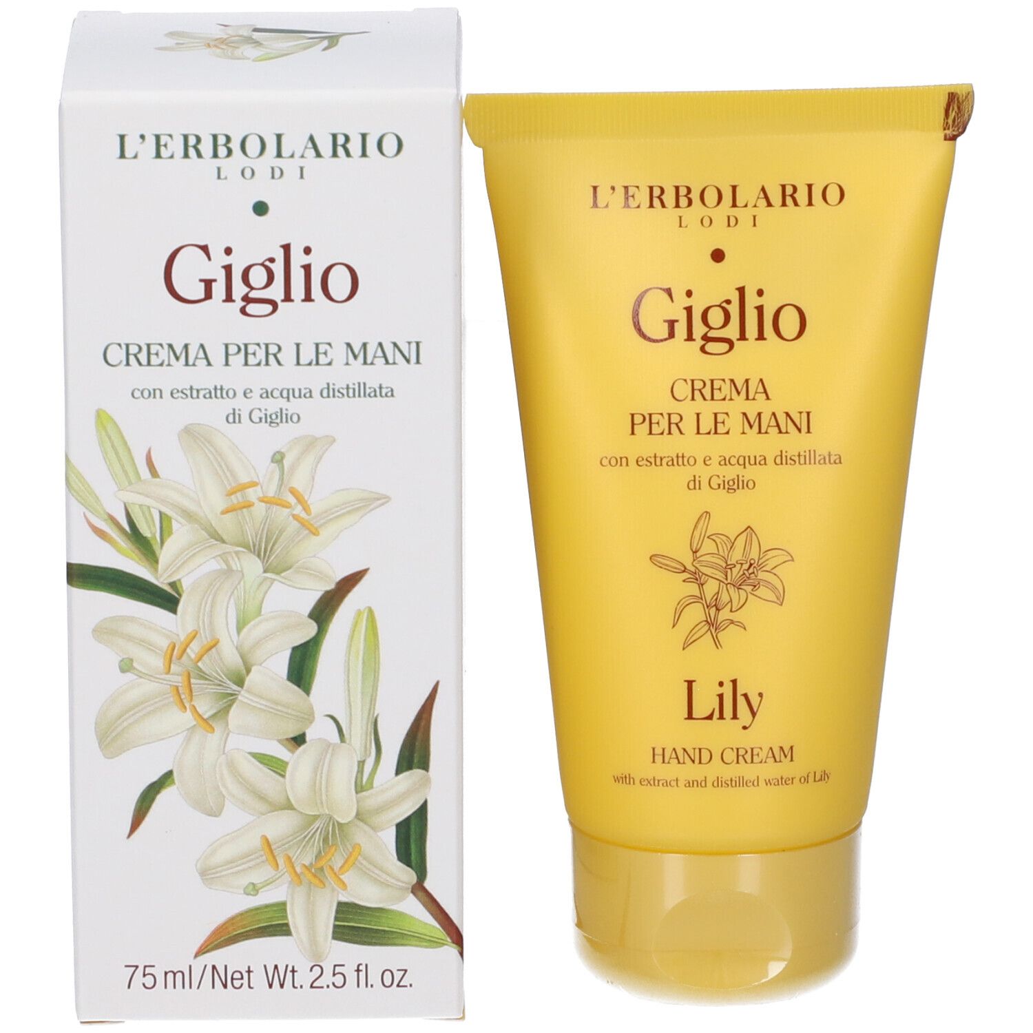 L'Erbolario Giglio Crema mani in tubo giallo con scatola, 75ml.