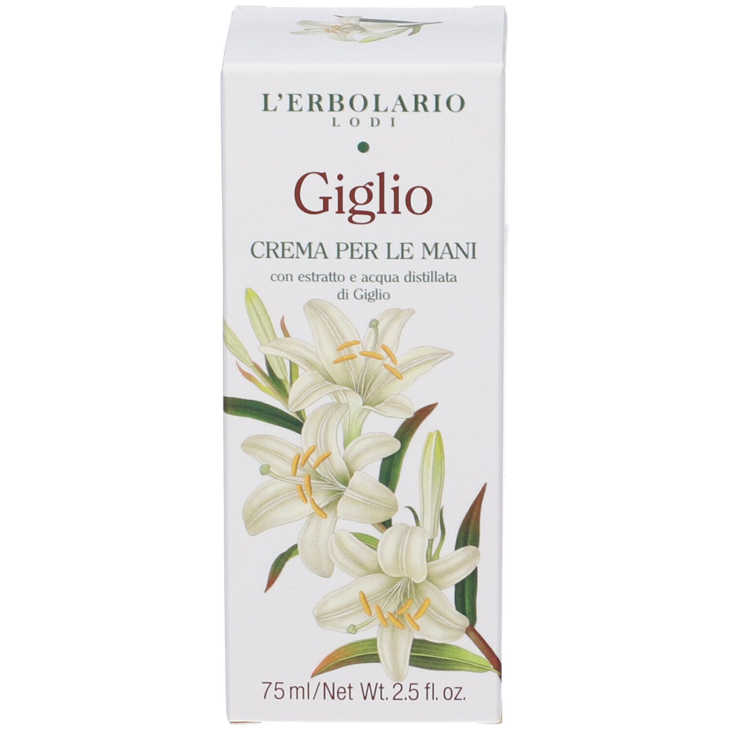 L'Erbolario Giglio Crema per le mani, gigli bianchi su scatola di cartone, 75ml.