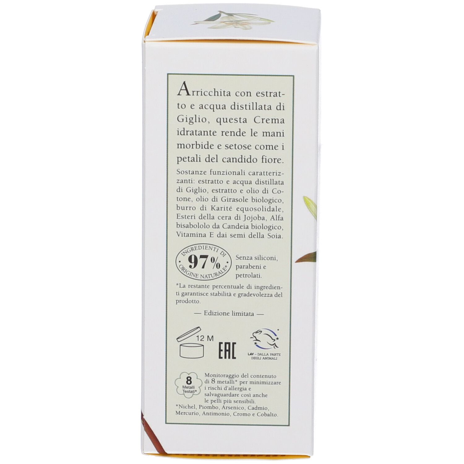 Lato della confezione L'Erbolario Giglio Crema mani con descrizione e ingredienti.