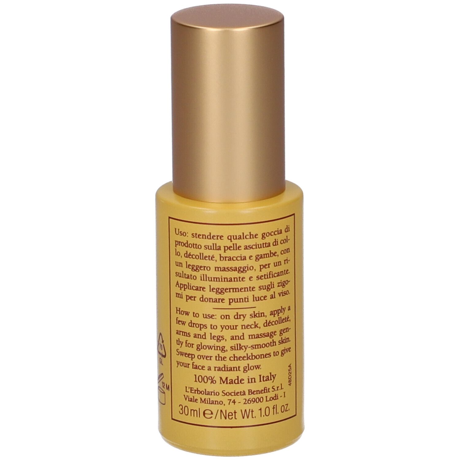 Flacone con tappo dorato, 30ml, con testo sull'uso.