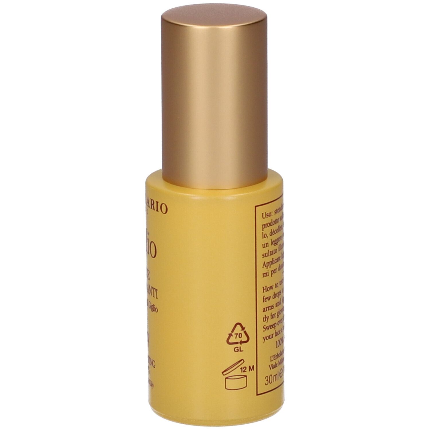 Flacone con tappo dorato, 30ml, con testo sull'uso.
