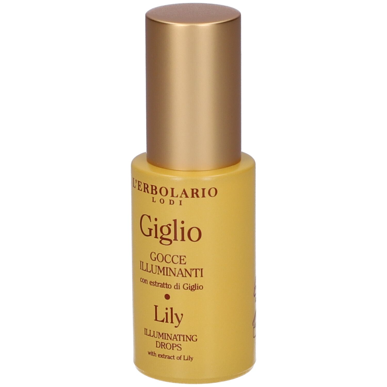 Flacone giallo 'Giglio Gocce Illuminanti' con tappo dorato.