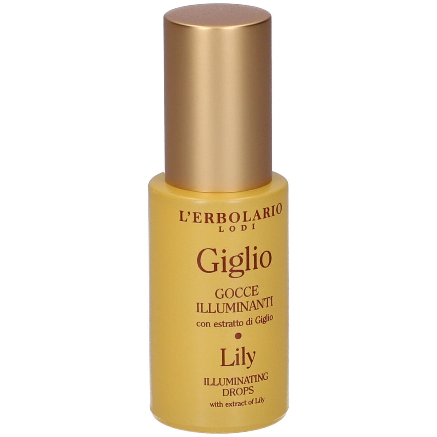 Flacone L'Erbolario Giglio Gocce Illuminanti con tappo dorato.