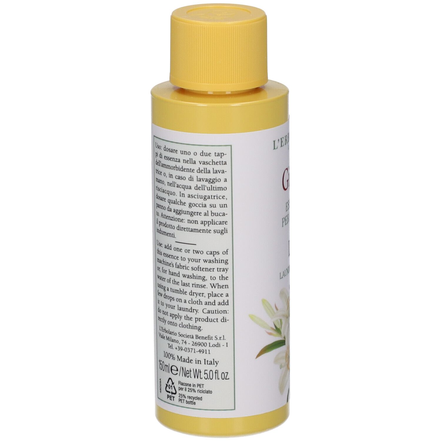 L'Erbolario Giglio Essenza per Bucato, flacone da 150ml con tappo giallo. Gigli bianchi sull'etichetta.
