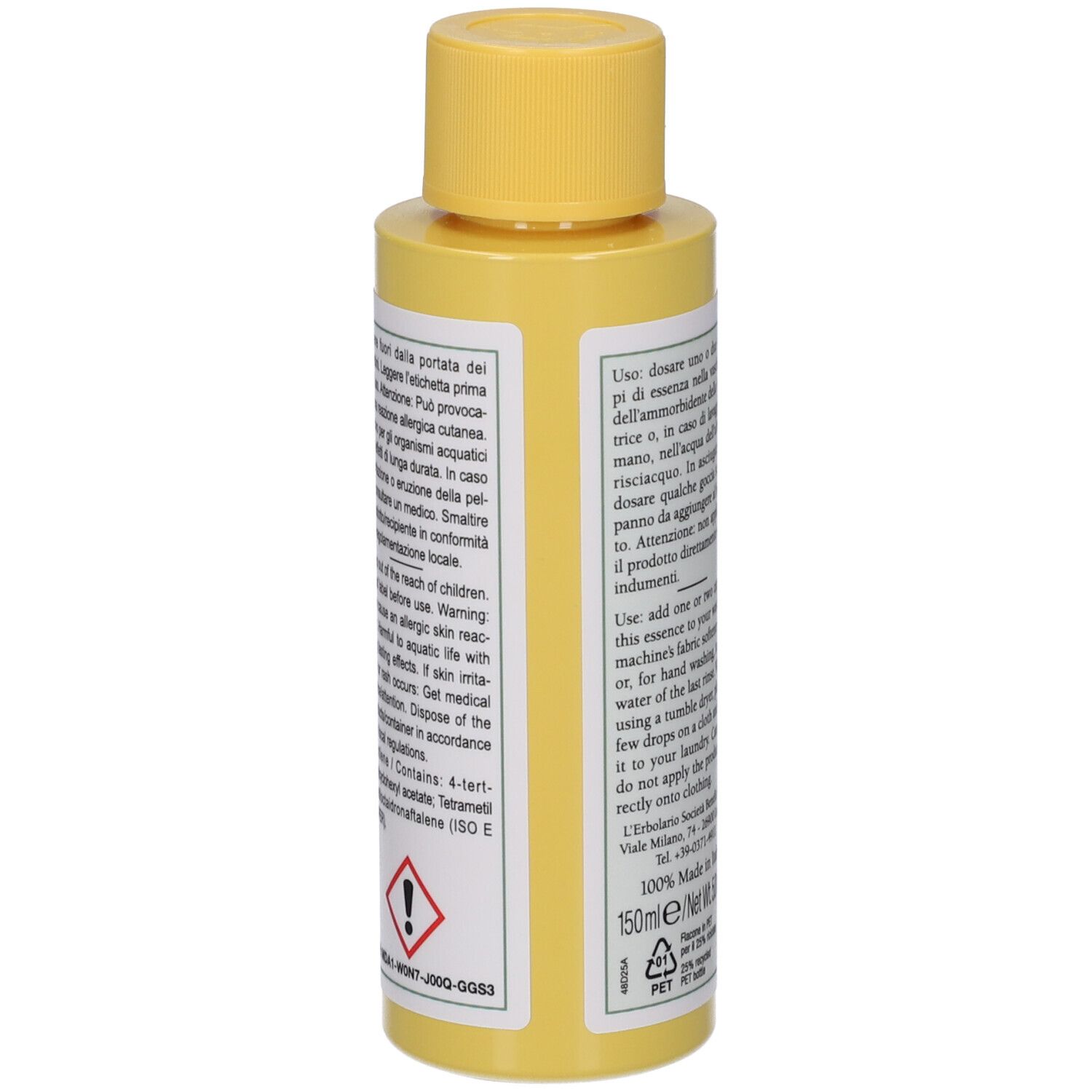 Flacone giallo con tappo giallo, 150ml. Contiene simboli di avvertenza e testo.