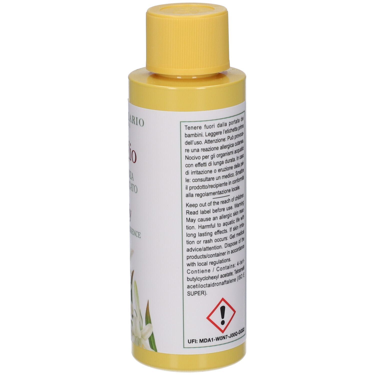 Flacone giallo con etichetta bianca e tappo giallo. Contiene testo e un avviso.