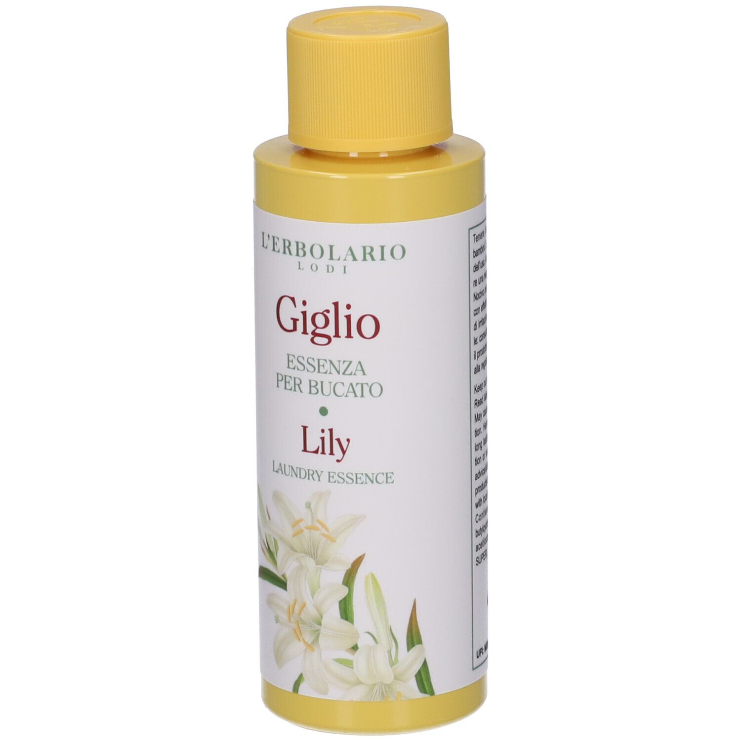 Flacone L'Erbolario Giglio Essenza per Bucato Lily con tappo giallo ed etichetta con raffigurazione di gigli.