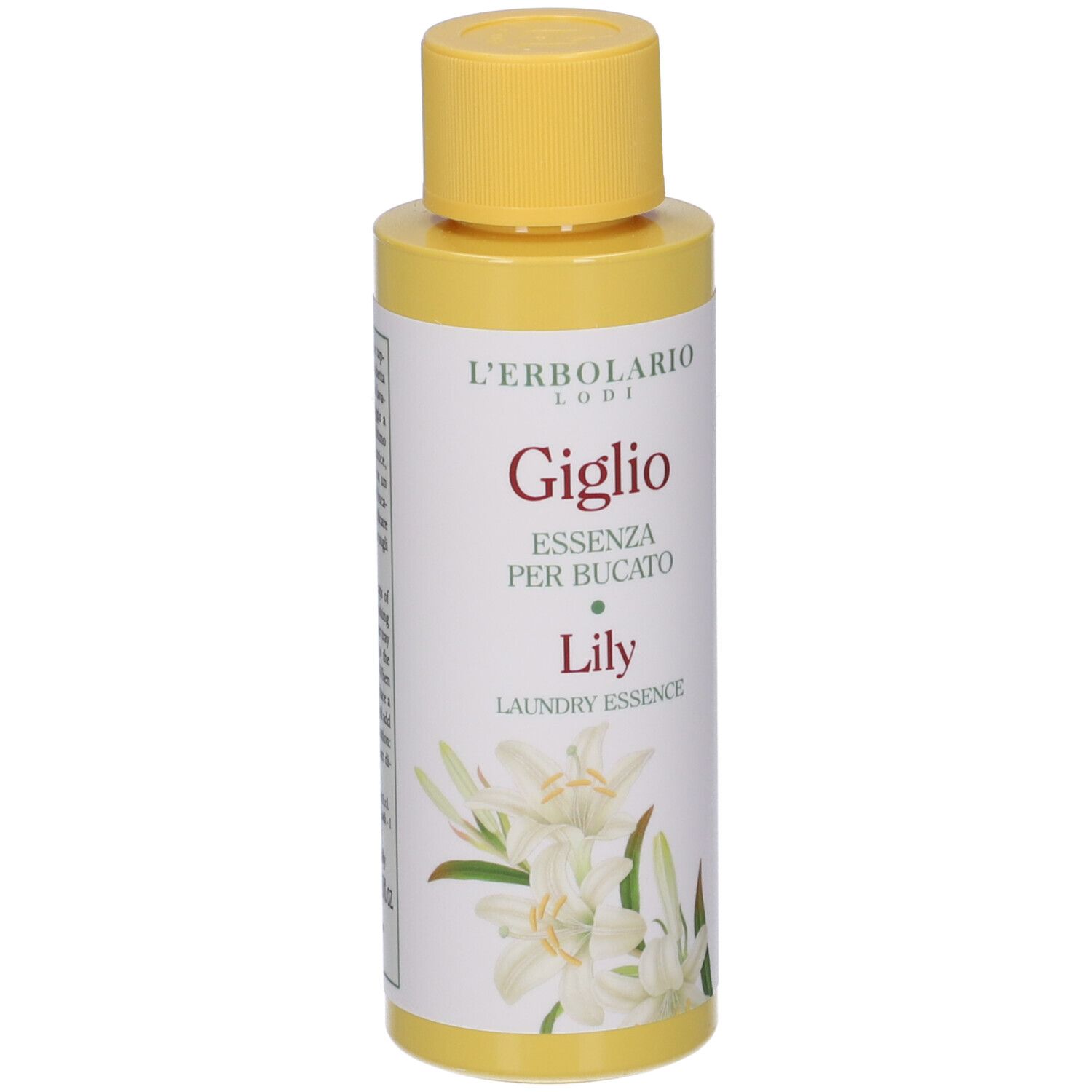 Flacone L'Erbolario Giglio Essenza per Bucato Lily con tappo giallo ed etichetta con raffigurazione di gigli.