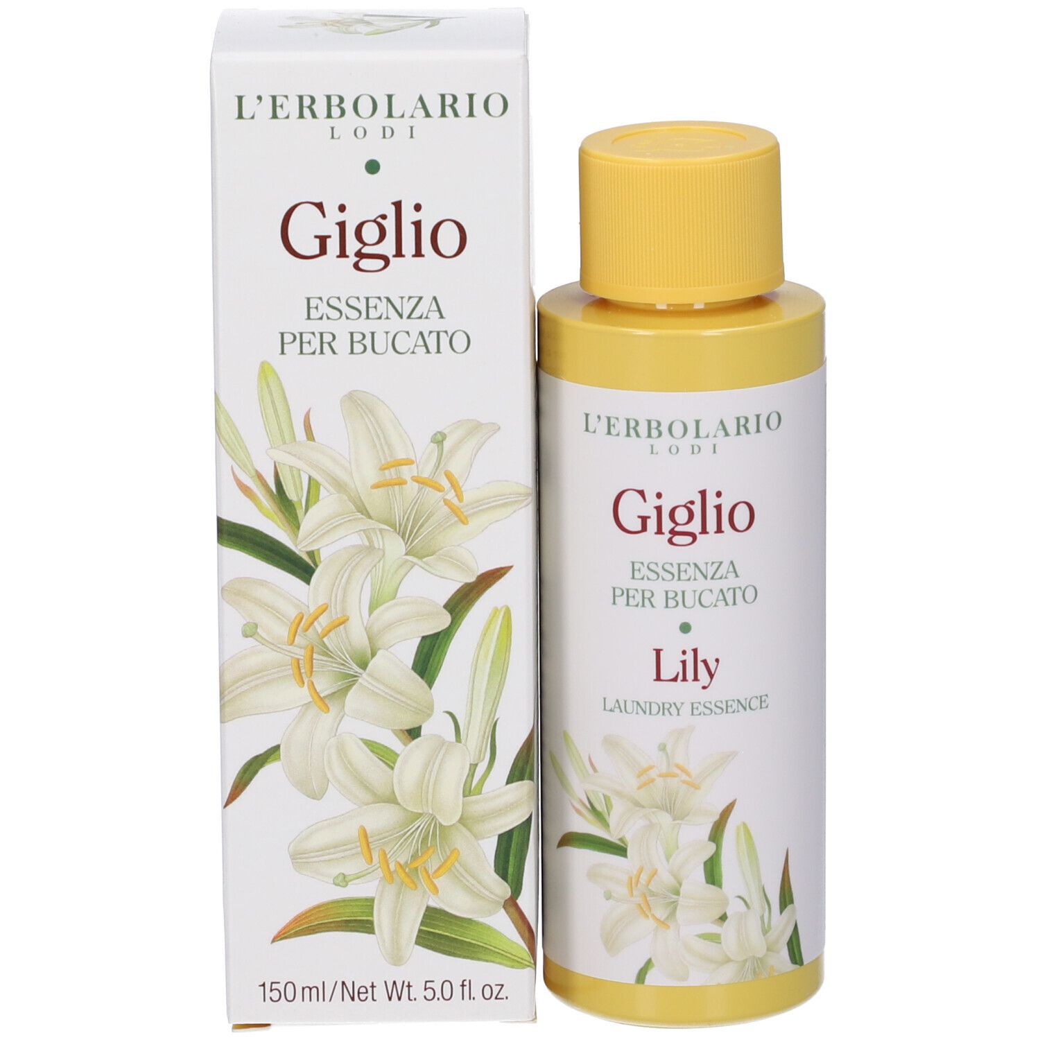 L'Erbolario Giglio Essenza per Bucato, 150ml. Flacone e scatola con decorazione di gigli.