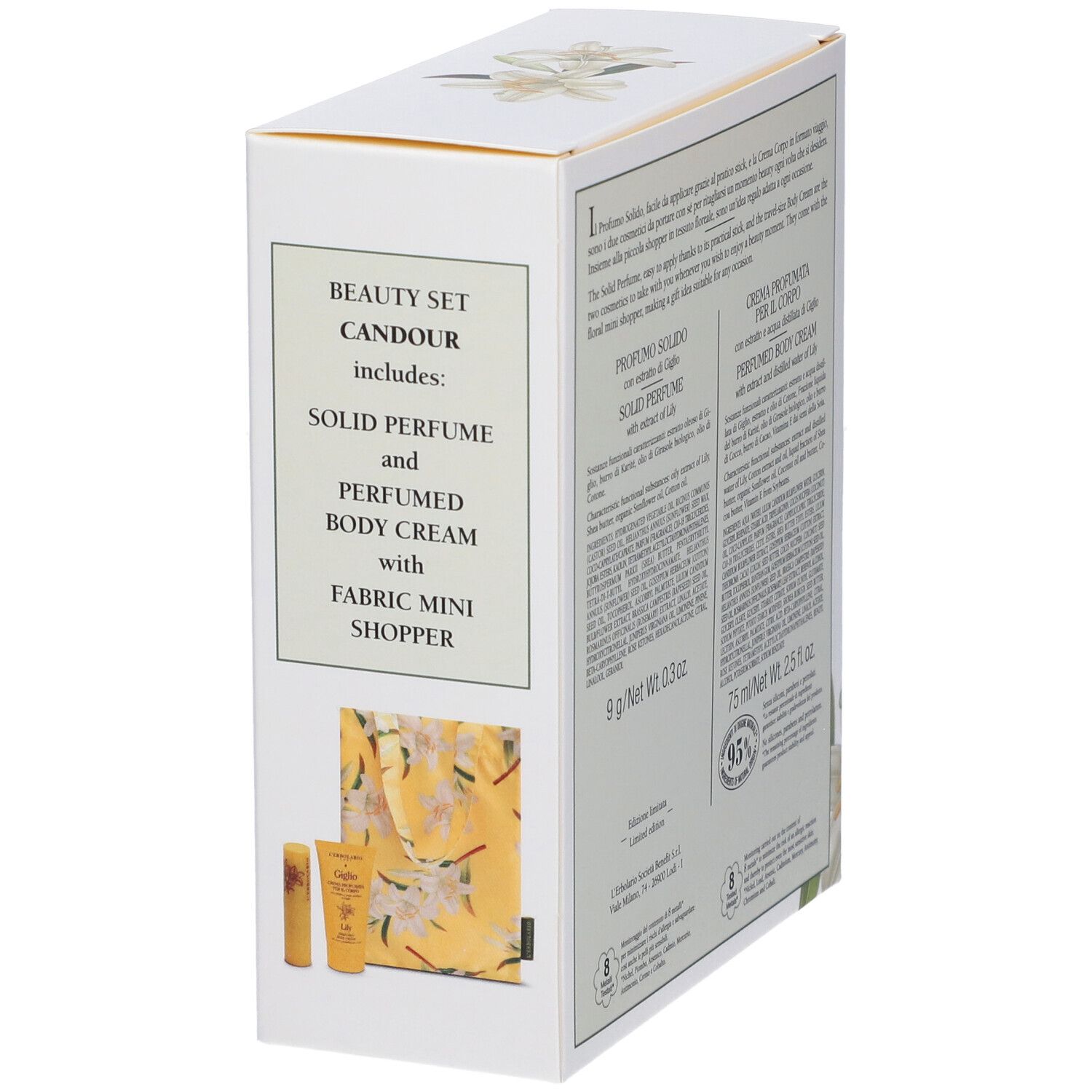 Confezione L'Erbolario Beauty Set Candour: profumo solido, crema corpo, mini shopper.