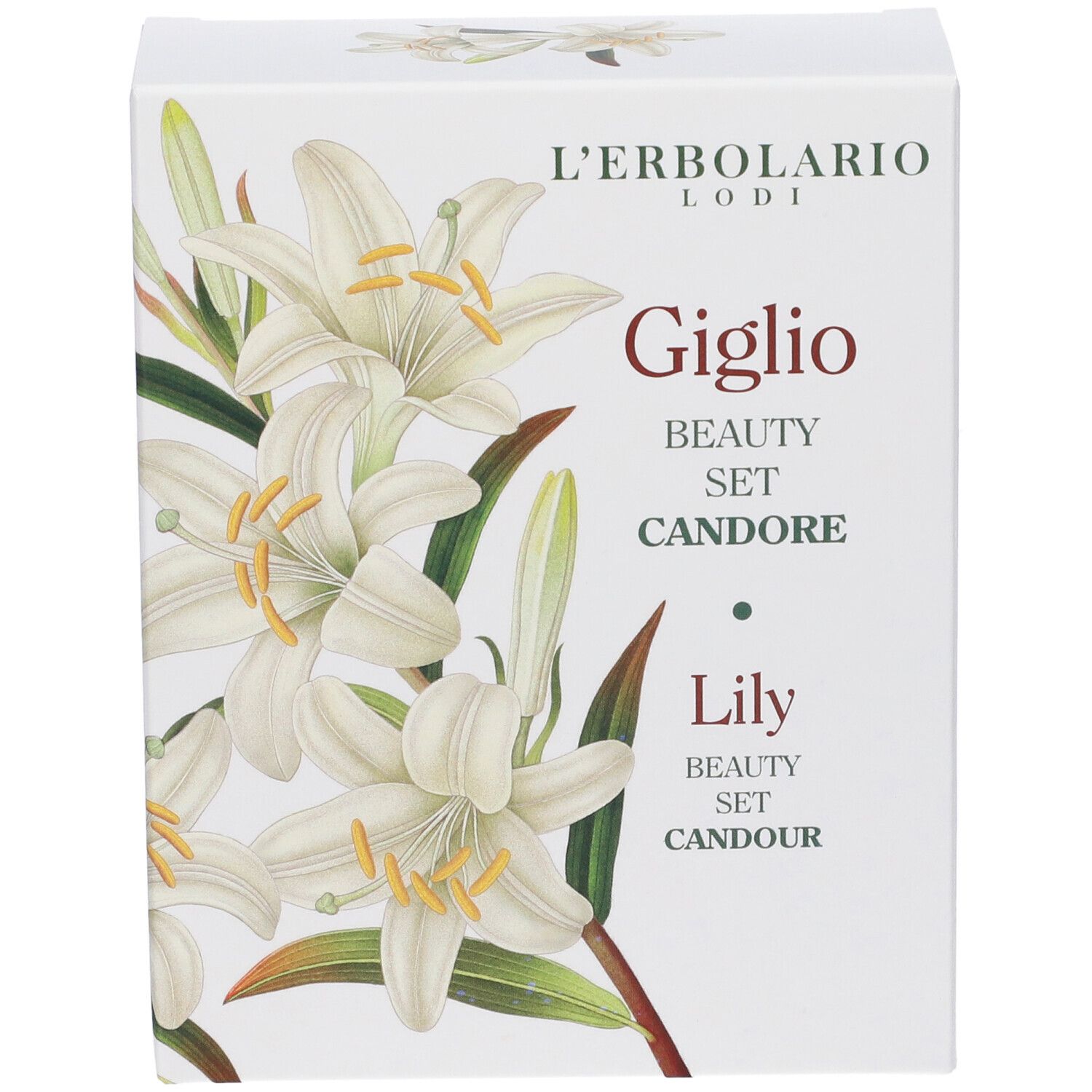 L'Erbolario Giglio Beauty Set Candore con illustrazione di giglio.