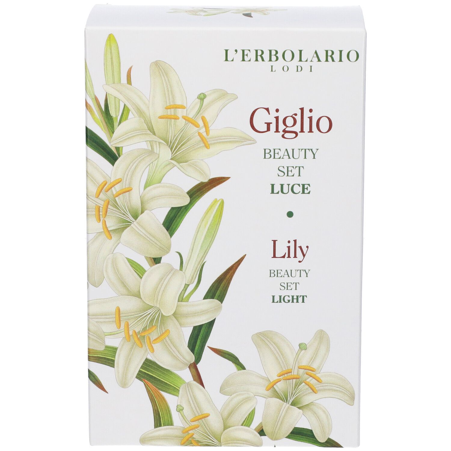 Confezione regalo L'Erbolario Giglio Beauty Set Luce con illustrazioni di gigli.