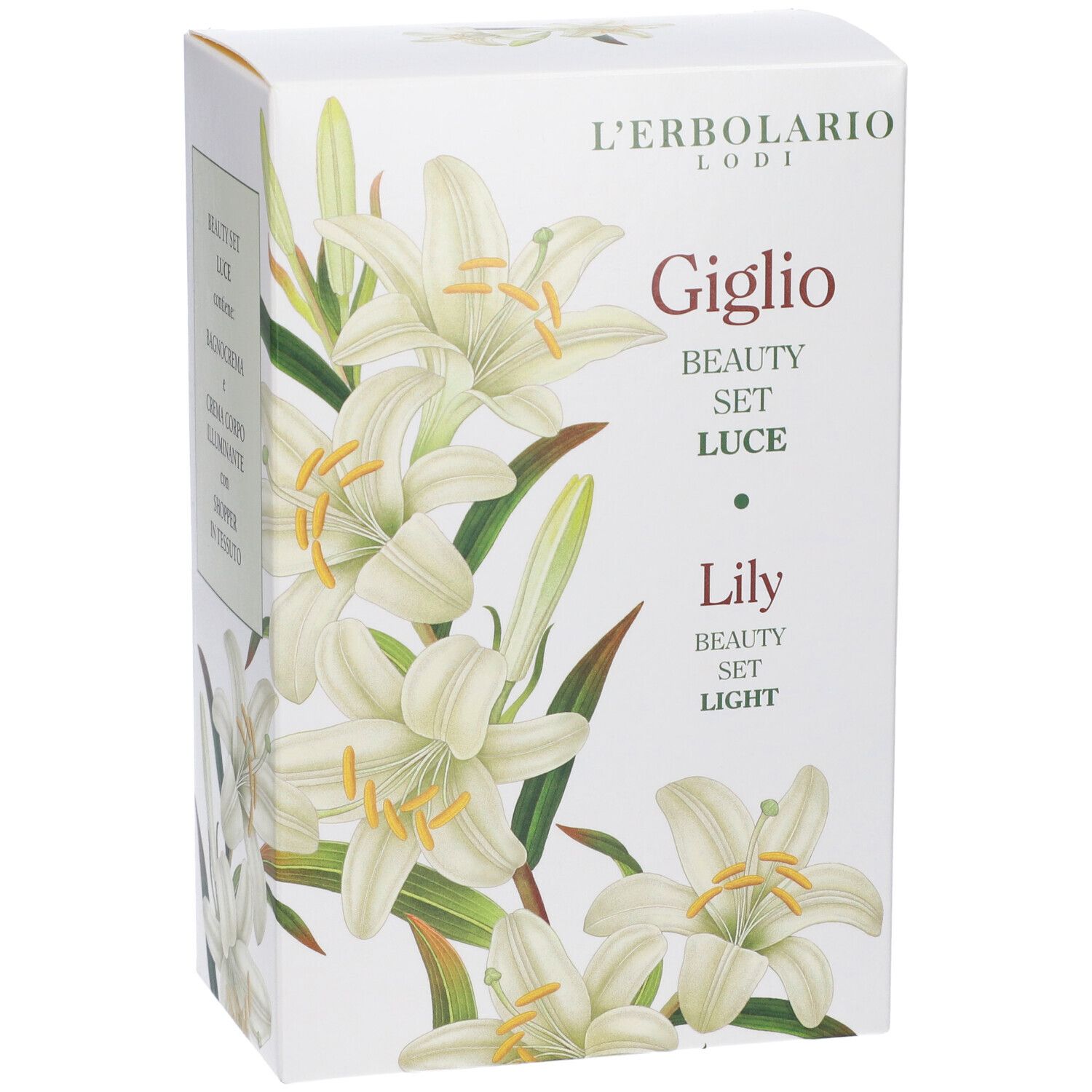 Fronte della confezione L'Erbolario Giglio Beauty Set Luce con gigli. Contiene prodotti da 250ml e 200ml.
