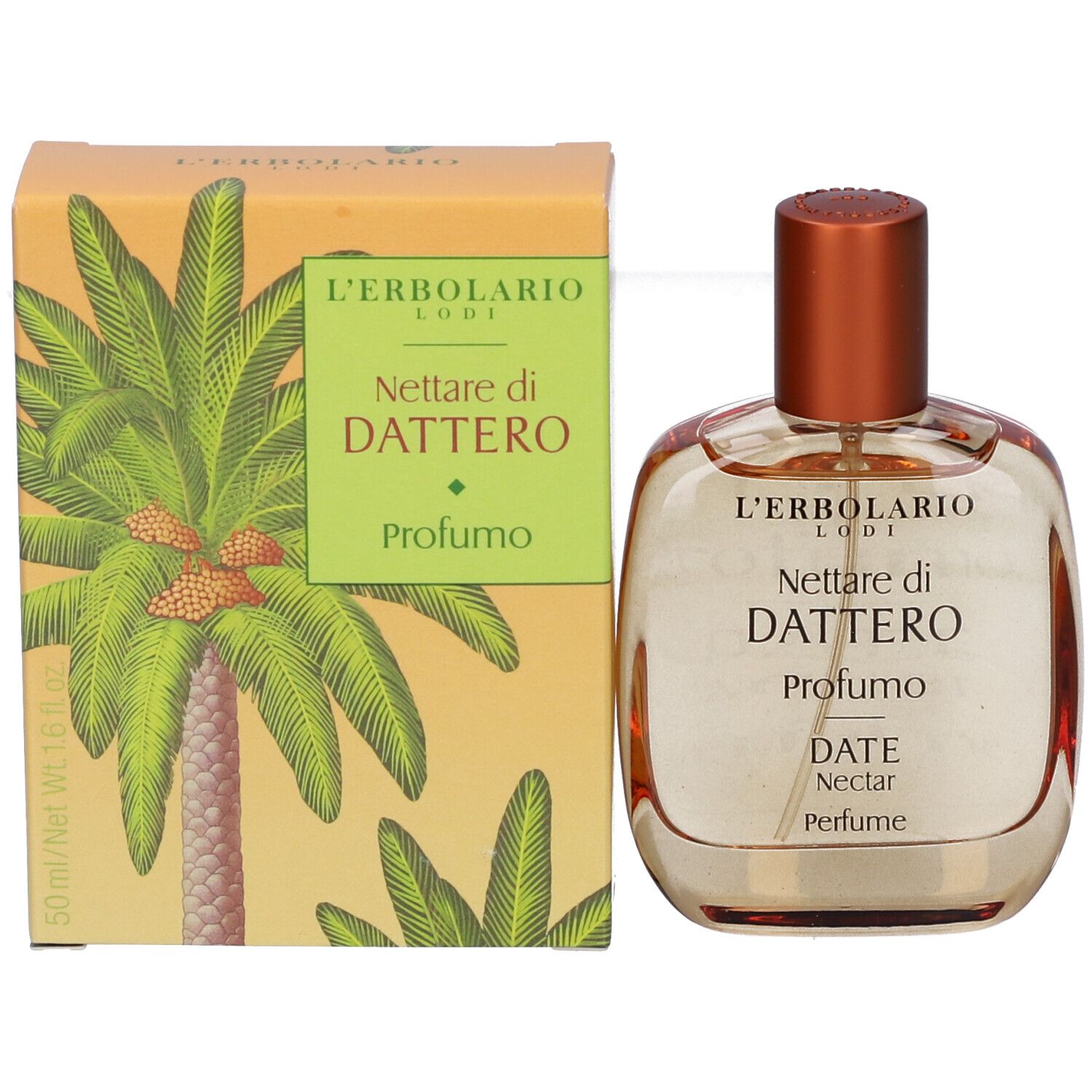 Flacone profumo L'Erbolario Nettare di Dattero e confezione con motivo palma.
