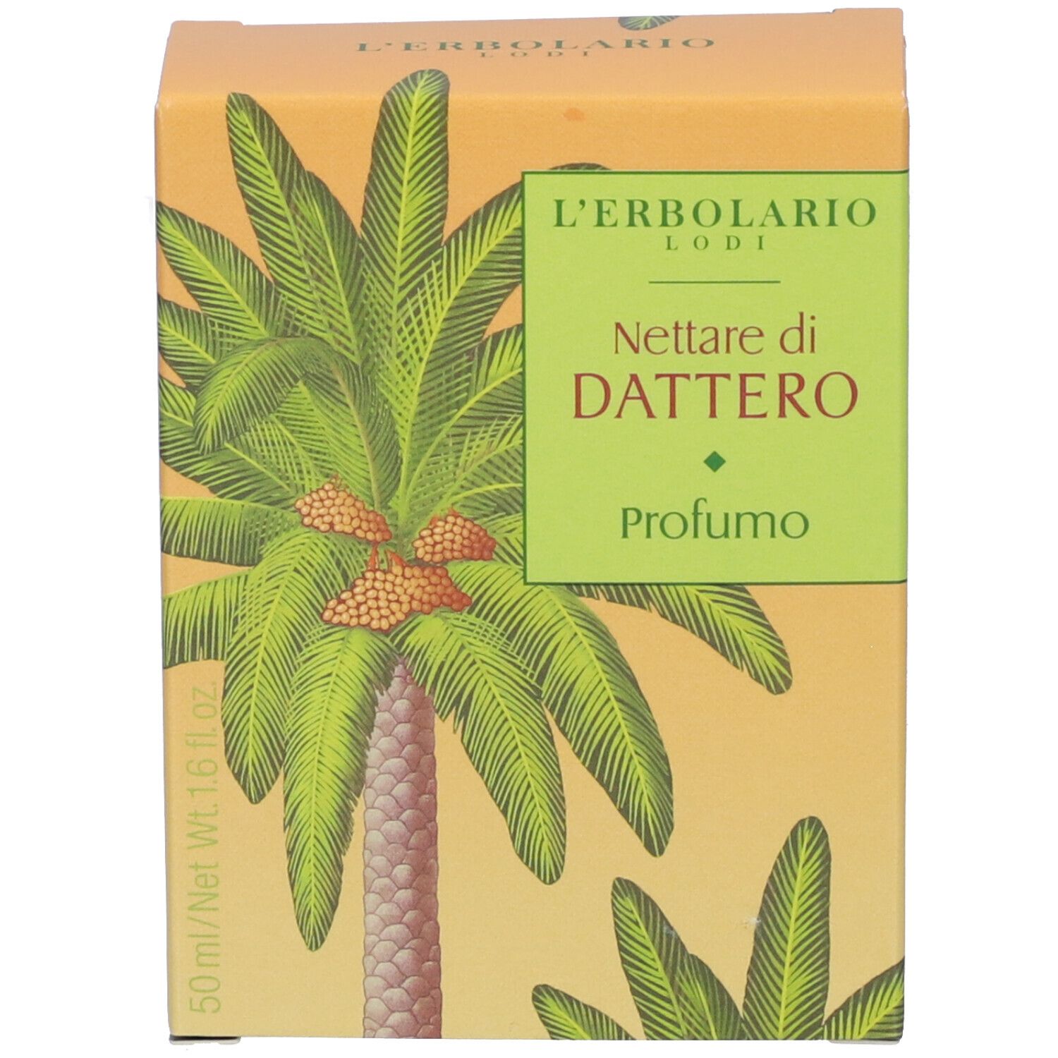 Confezione di profumo 'Nettare di Dattero' con motivo di palma.