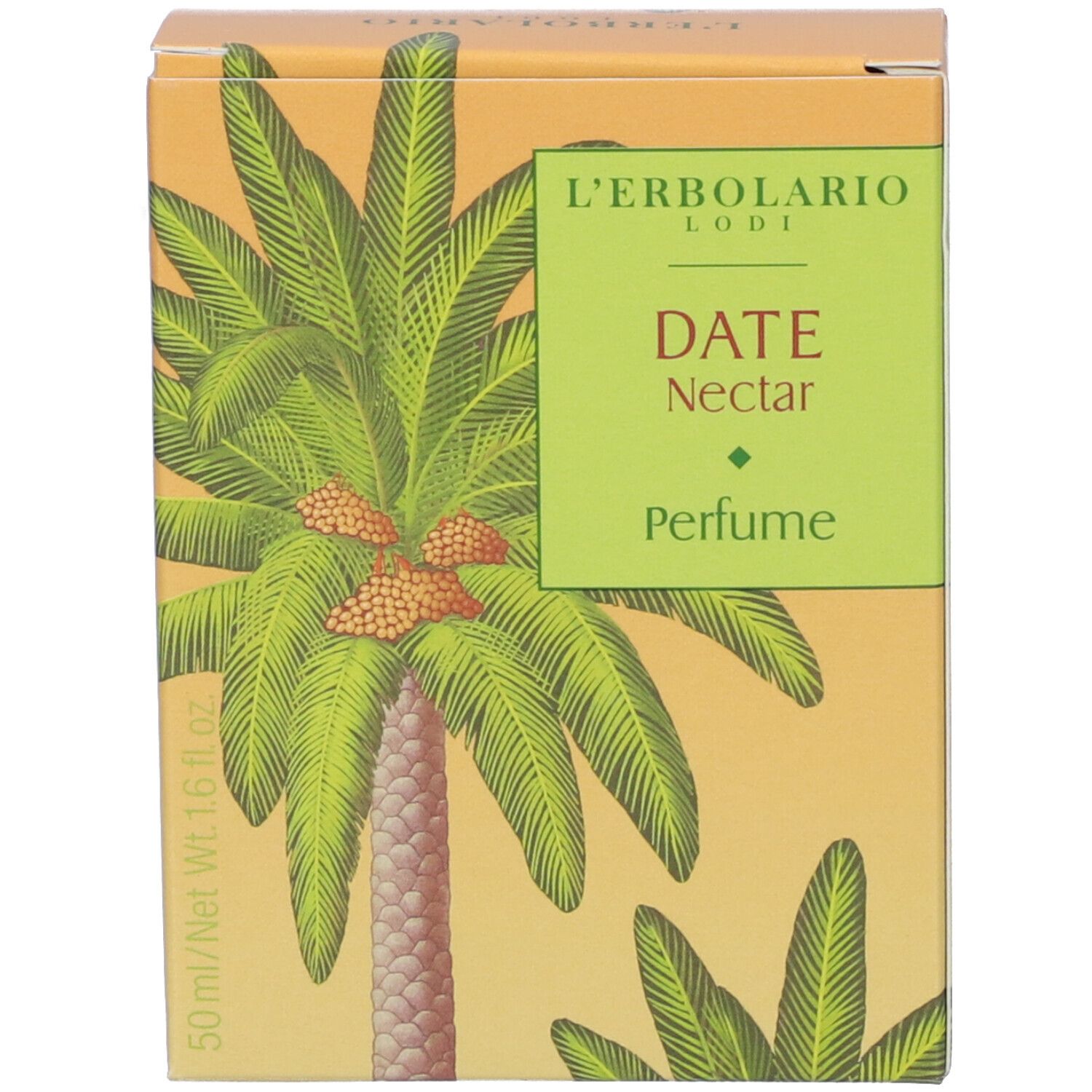 L'Erbolario Date Nectar Profumo, motivo palma su scatola di cartone, 50ml.