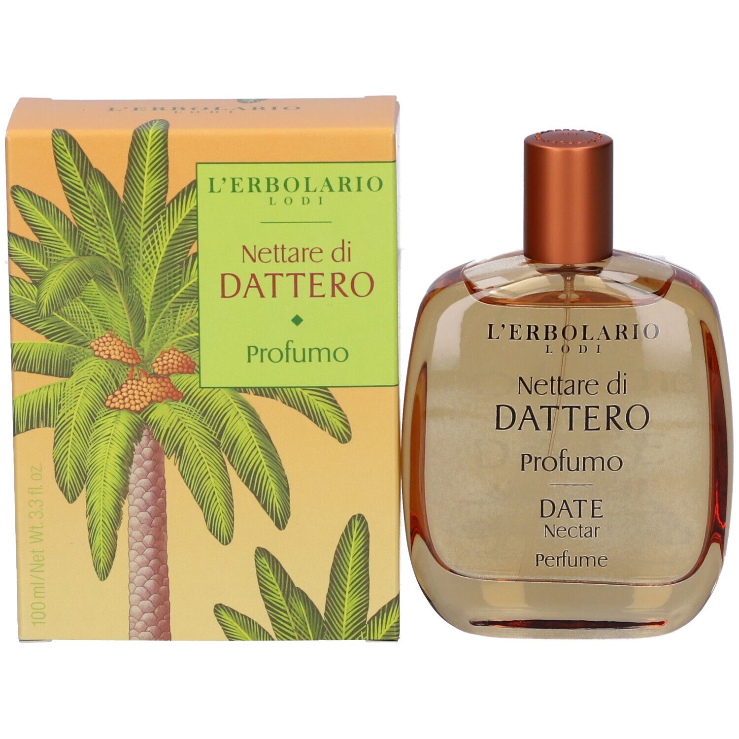 Flacone di profumo L'Erbolario Lodi Nettare di Dattero accanto alla sua confezione.