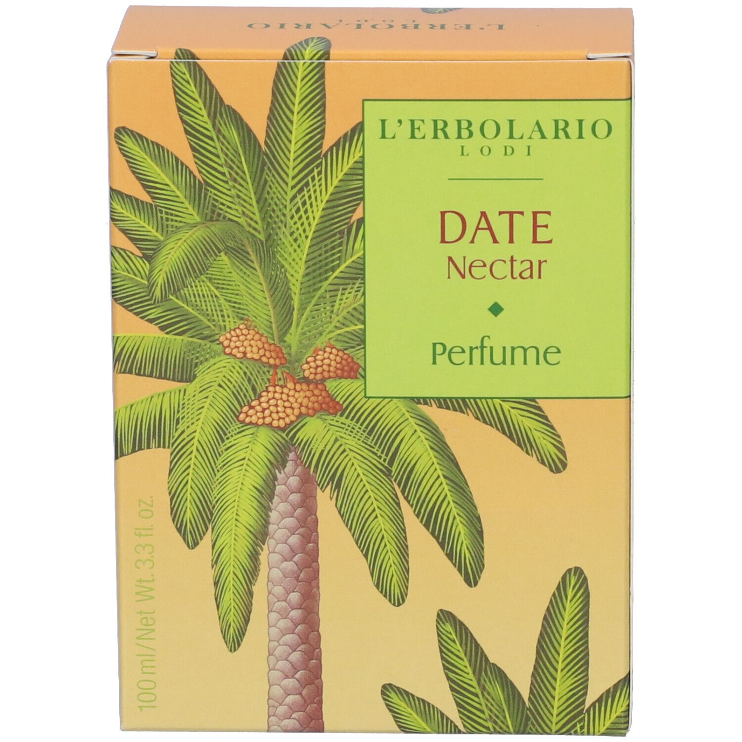Confezione L'Erbolario Lodi Nettare di Dattero Profumo con motivo a palma.