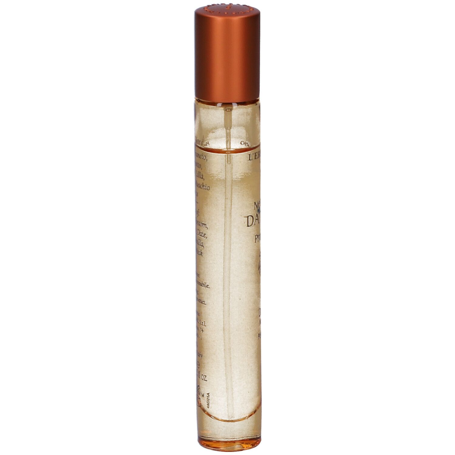 Un flacone spray trasparente con tappo marrone e contenuto chiaro.