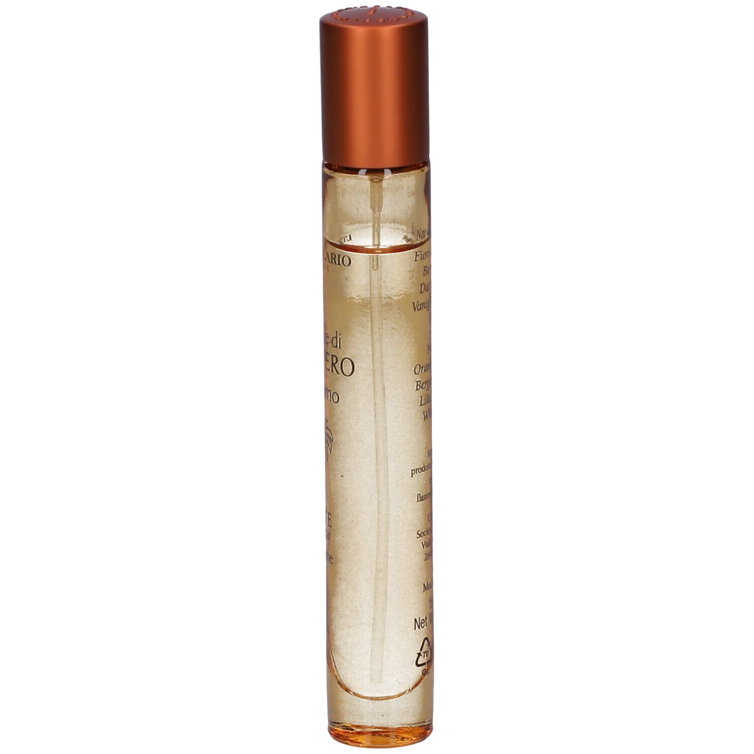 Un flacone spray trasparente con tappo marrone e contenuto chiaro.