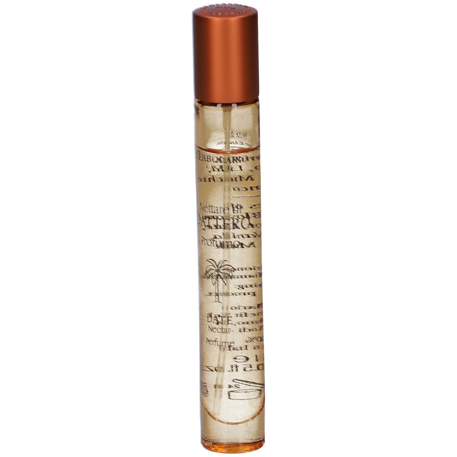 Flacone di profumo con testa spray marrone e contenitore in vetro stampato.