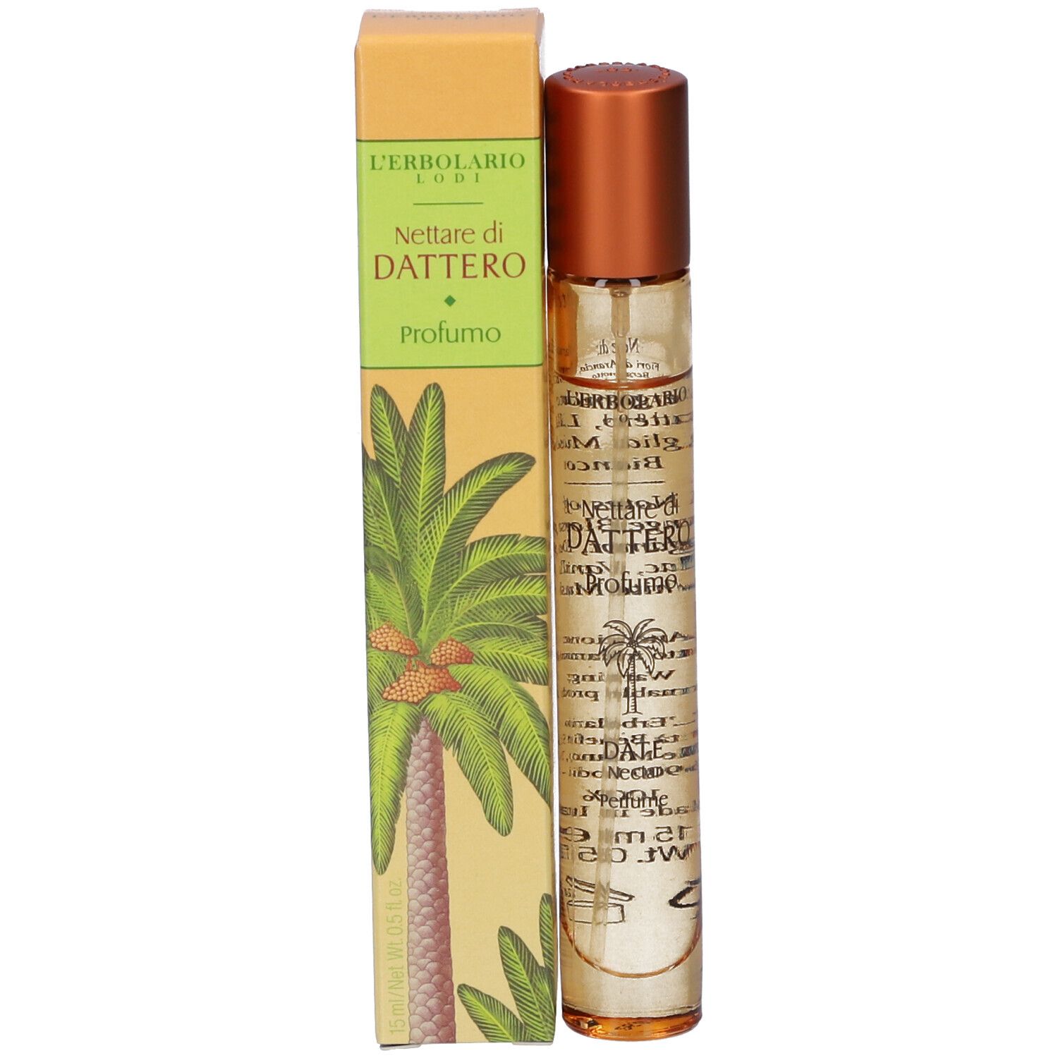 L'Erbolario Nettare di Dattero Profumo, 10ml. Flacone profumo e scatola con motivo di palma da dattero.
