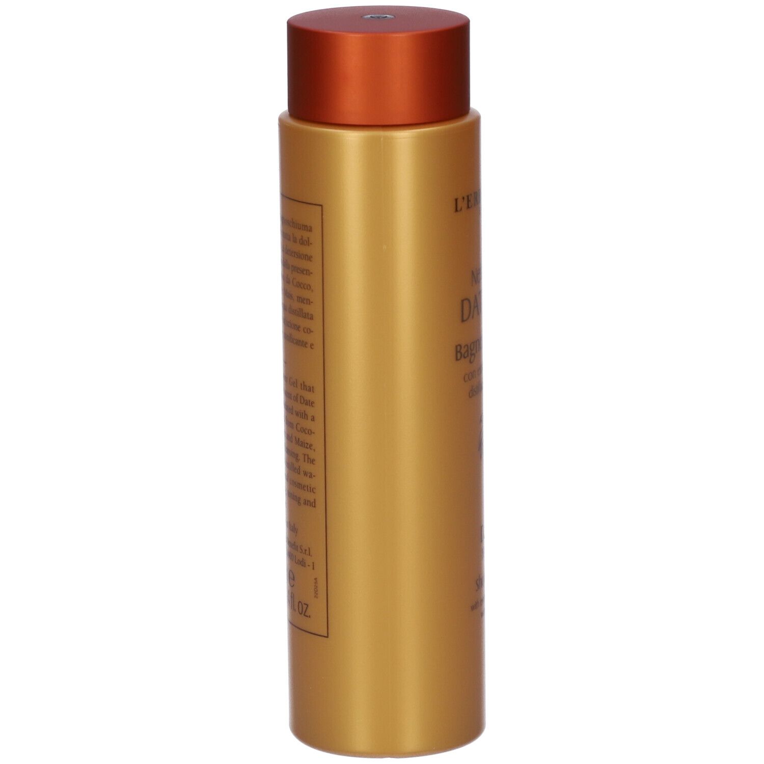 Flacone dorato con tappo arancione, 250ml.