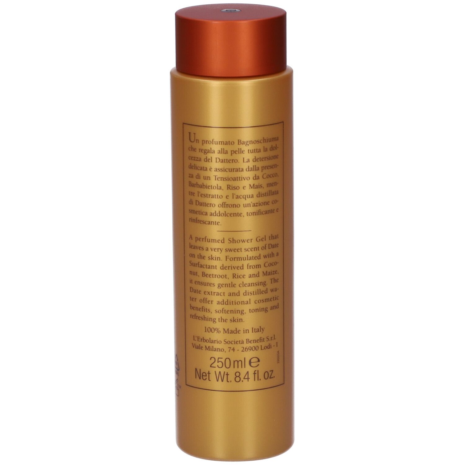 Flacone dorato con tappo arancione, 250ml.