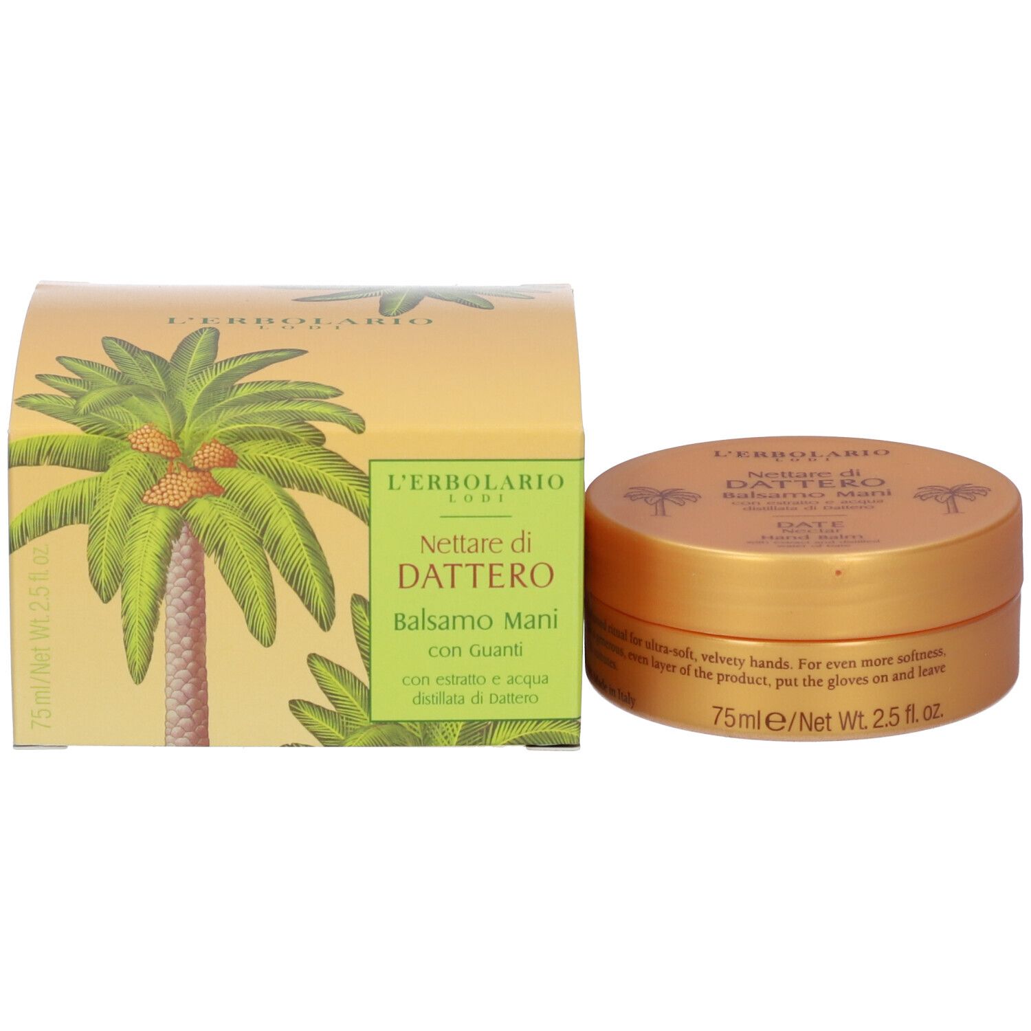 Vasetto di balsamo mani L'Erbolario e scatola con motivo di palme. 75ml.