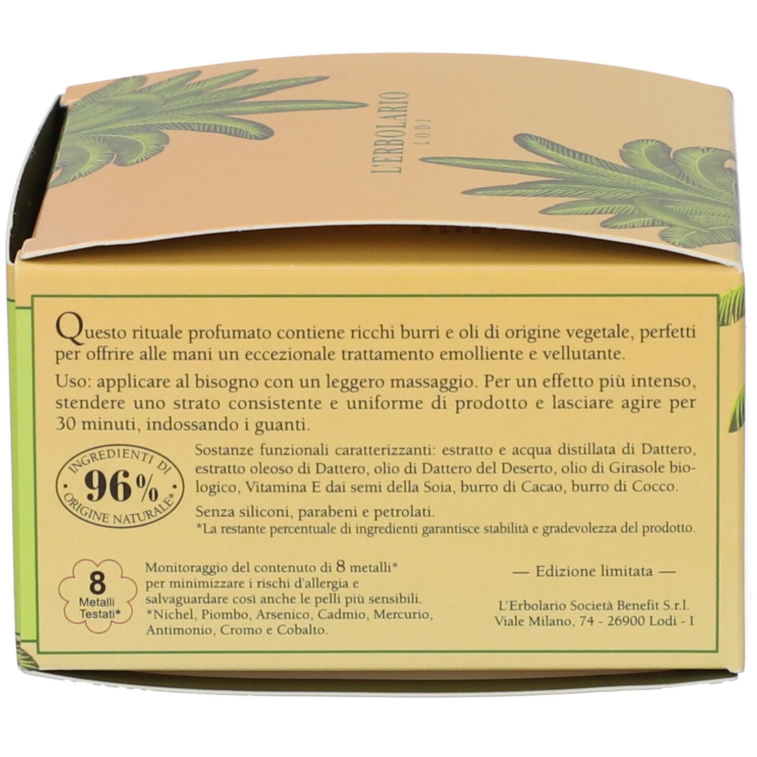 L'Erbolario Balsamo mani Nettare di Dattero, 75ml. Vasetto dorato con motivo a palma.